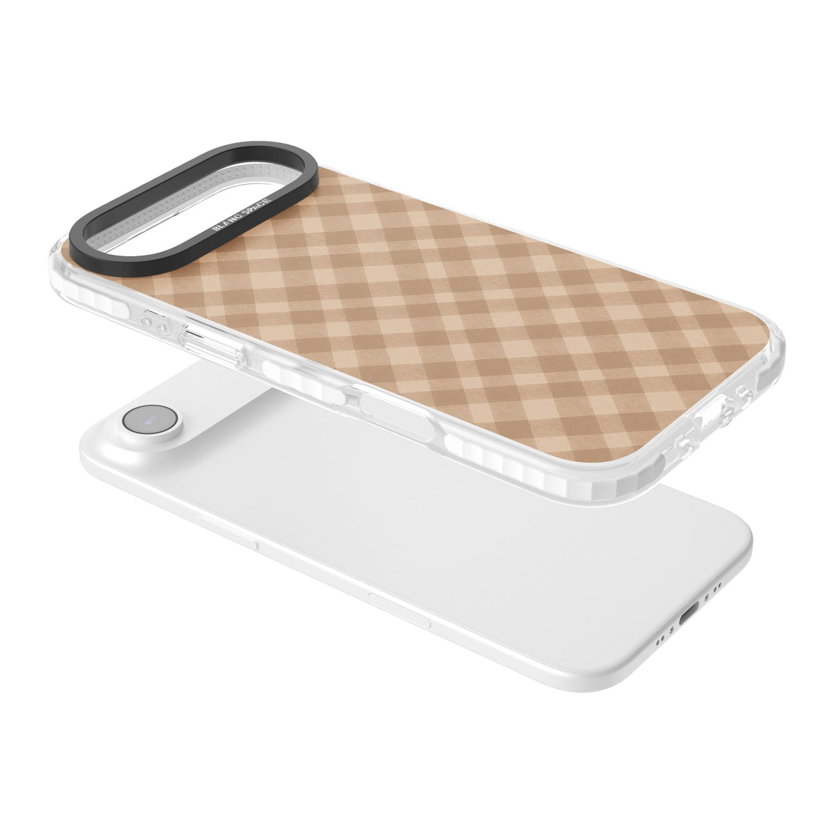 Beige Gingham cottagecore iPhone case featuring diagonal brown gingham checks in soft beige and toffee tones iPhone Air / iPhone 17 Air Impact Clear Phone Case angled