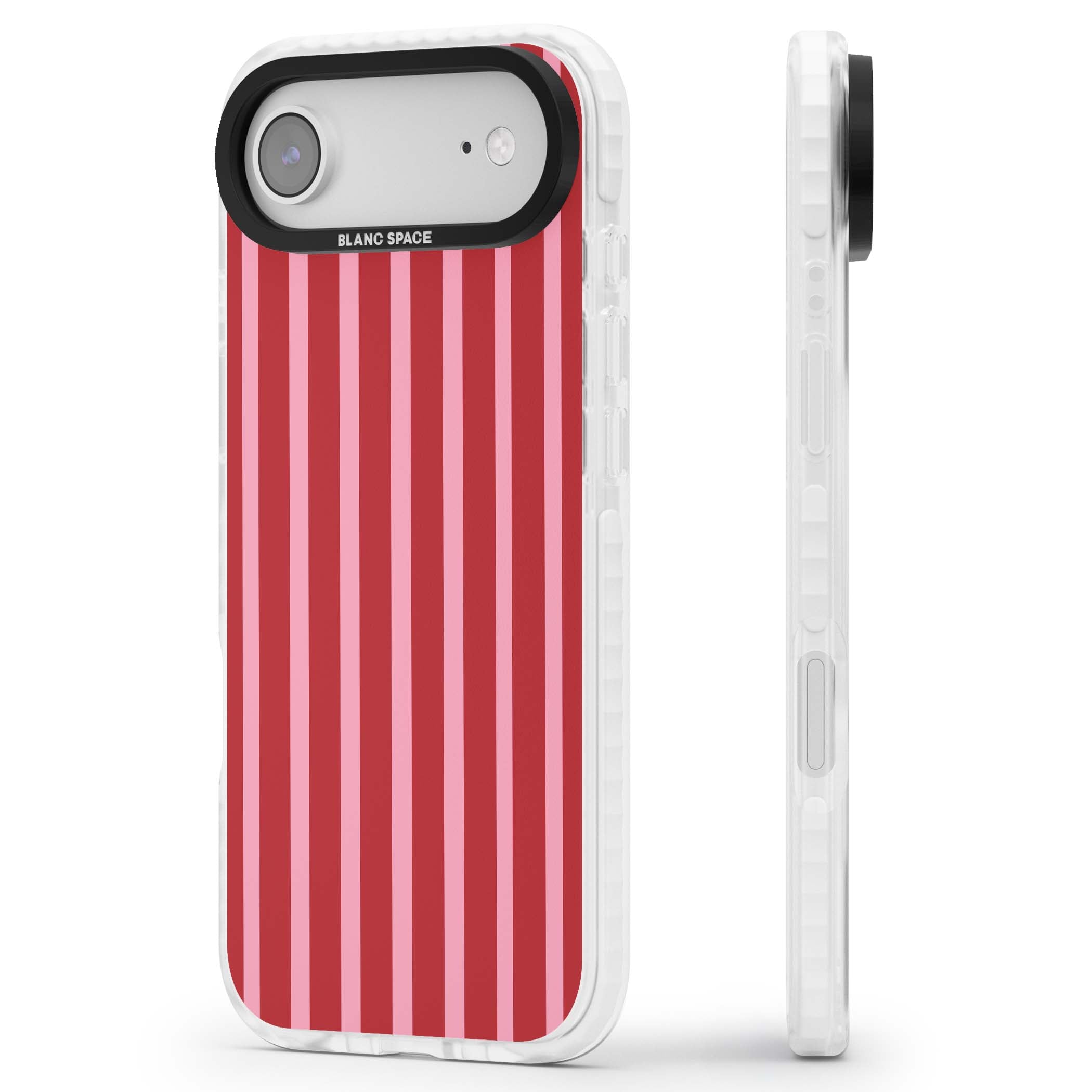 Raspberry Stripe coquette iPhone case featuring red and pink vertical stripes in a candy-inspired pattern | Black Impact case for iPhone Air