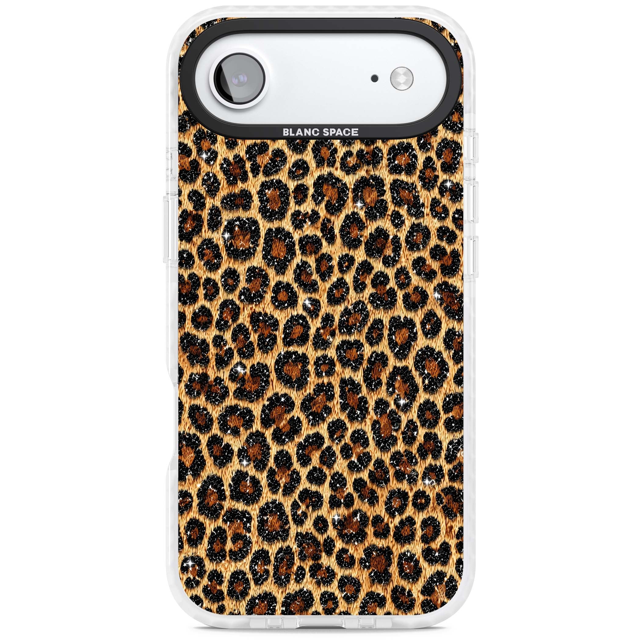 Diamond Leopard leopard print iPhone case featuring golden tan fur, black rosette spots and subtle glitter sparkle | Black Impact case for iPhone Air
