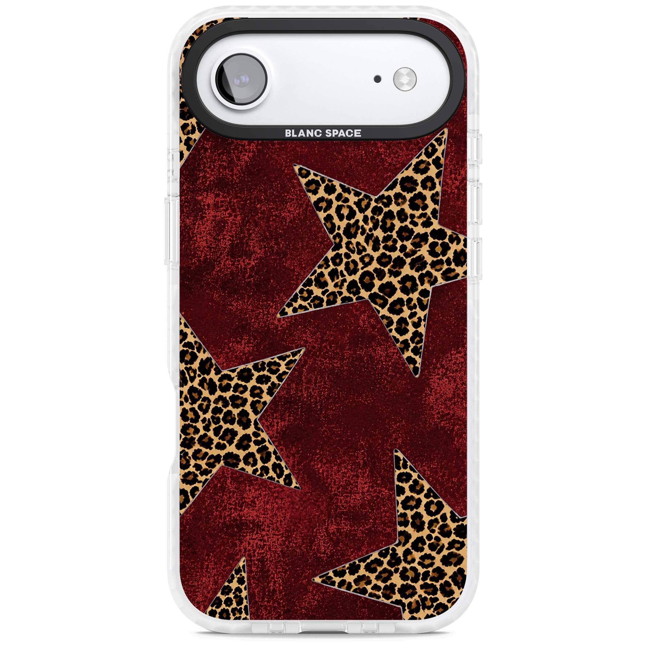 Showgirl leopard print iPhone case featuring cheetah print stars on distressed red grunge background | Black Impact case for iPhone Air