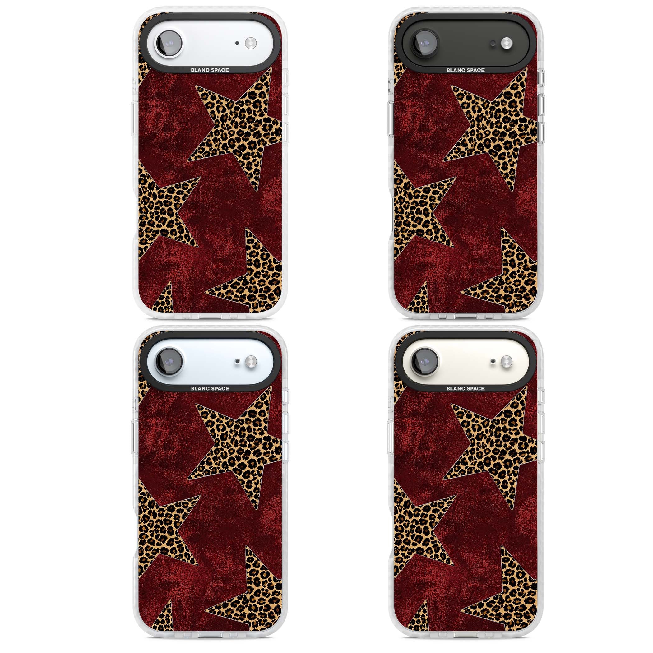 Showgirl leopard print iPhone case featuring cheetah print stars on distressed red grunge background | Black Impact case for iPhone Air