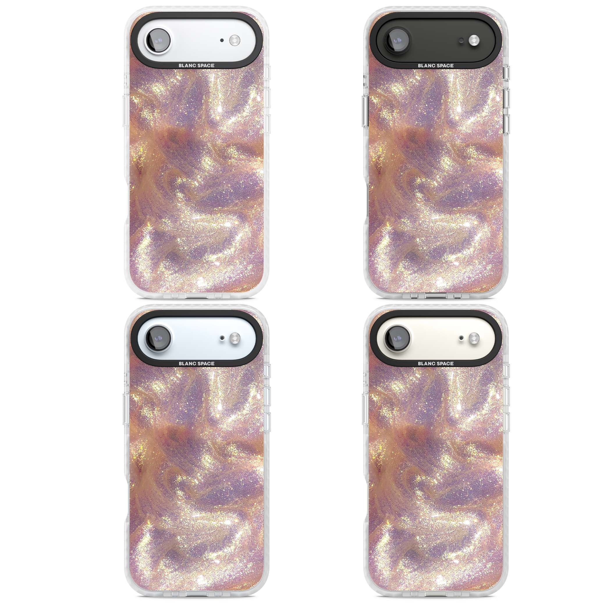 Shimmer marble iPhone case featuring rose gold glitter swirls, lilac shimmer and iridescent pearl finish | Black Impact case for iPhone Air