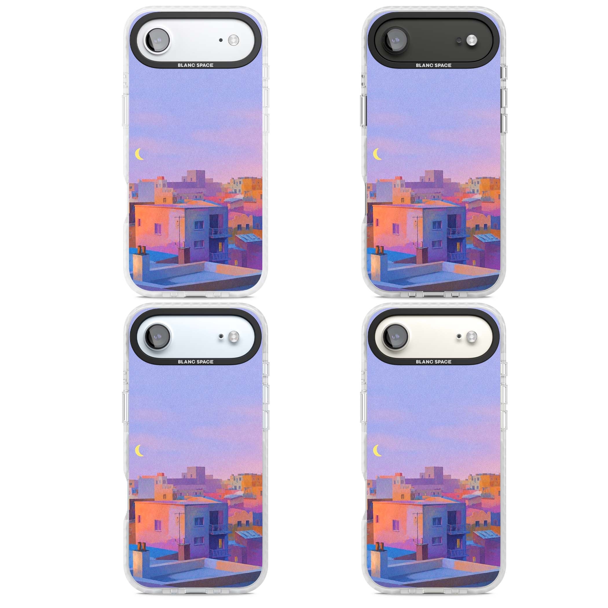 Twilight Rooftops vaporwave iPhone case featuring a pastel sunset cityscape, painted rooftops and a crescent moon. | Black Impact case for iPhone Air