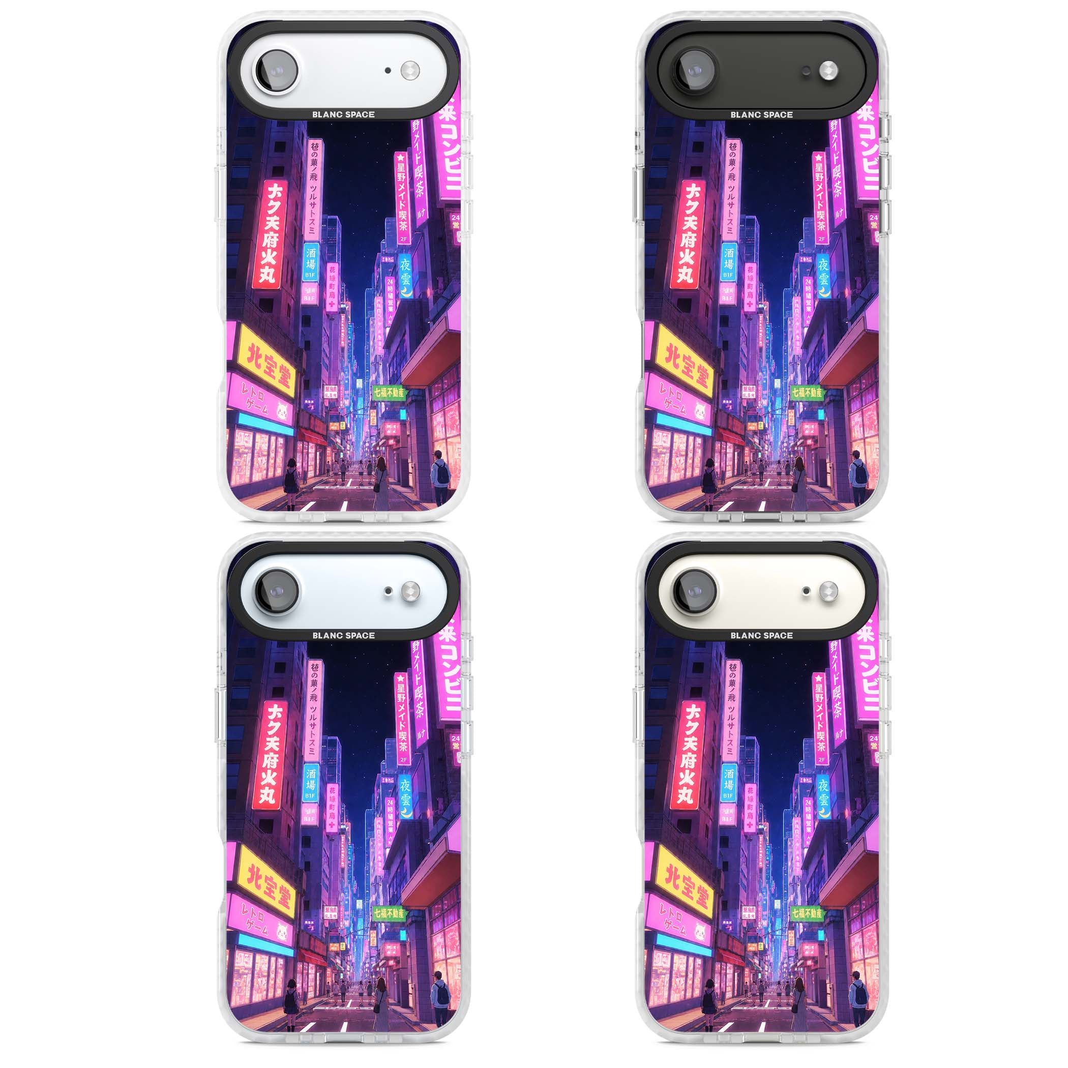 Shibuya At Night Japanese neon city iPhone case featuring glowing kanji signs, pink storefronts and a Tokyo street at n | Black Impact case for iPhone Air