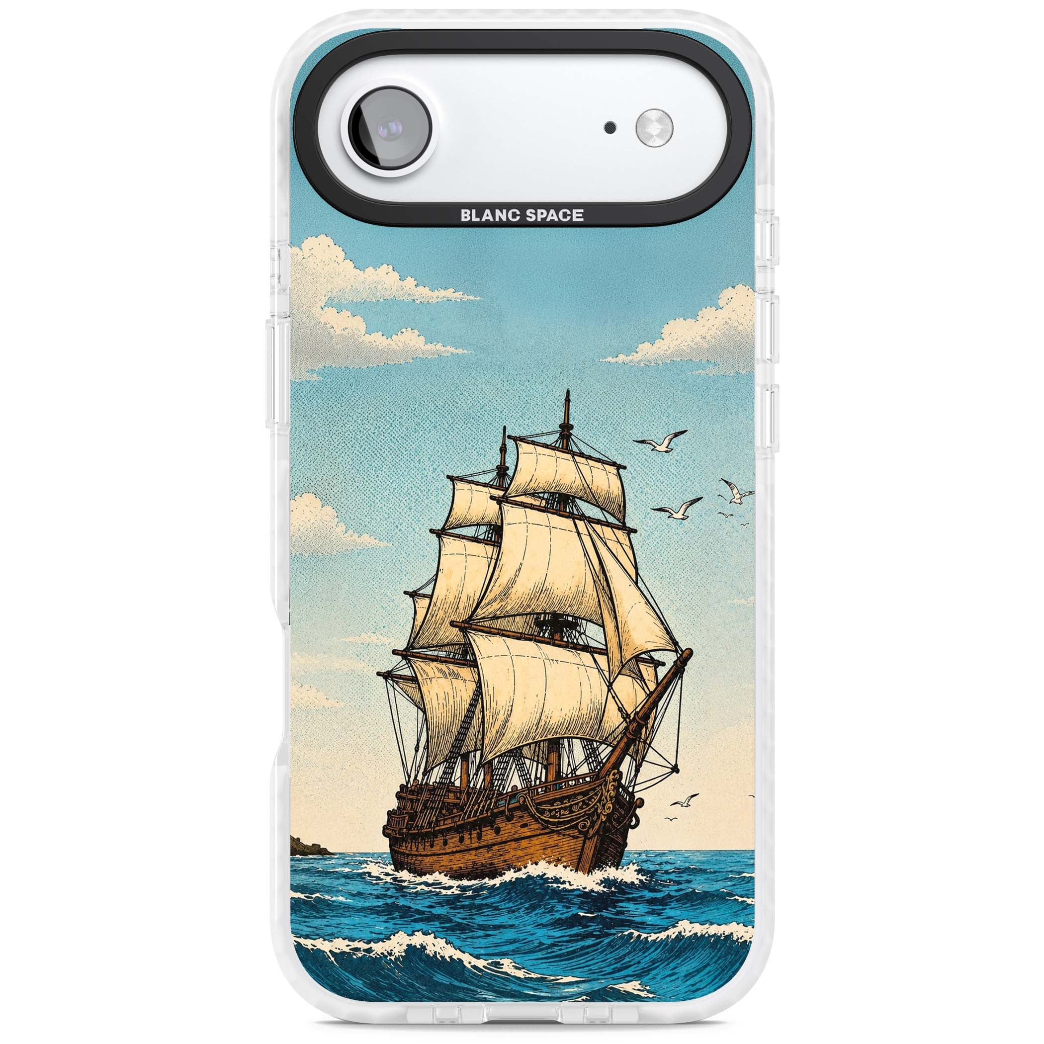 Ship at Sea nautical iPhone case featuring a vintage tall ship, ocean waves and seagulls | Black Impact case for iPhone Air