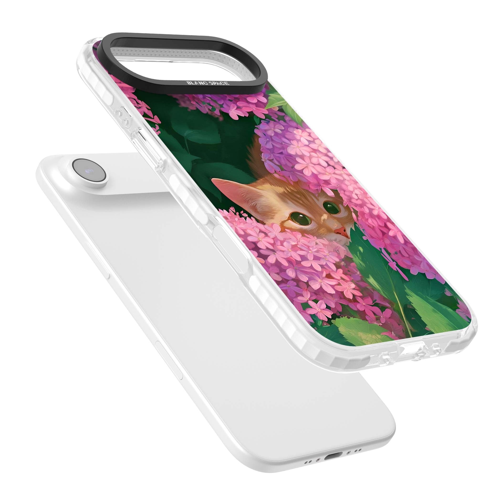 Cat In Pink Flowers cottagecore iPhone case featuring a ginger kitten peeking through lilac and pink hydrangea flo | Black Impact case for iPhone Air