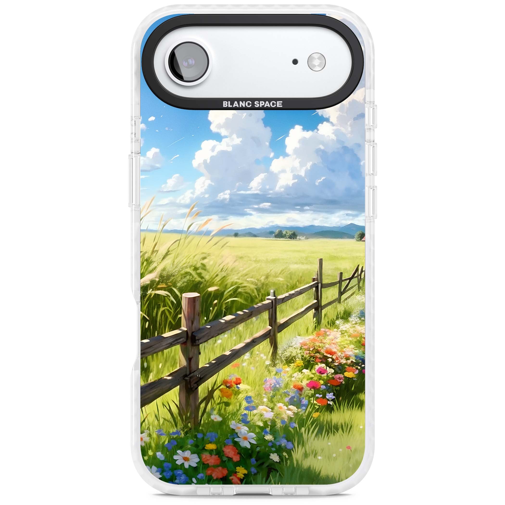 A Countryside Afternoon cottagecore iPhone case featuring a painted countryside meadow, wooden fence, and wildflowers beneath | Black Impact case for iPhone Air