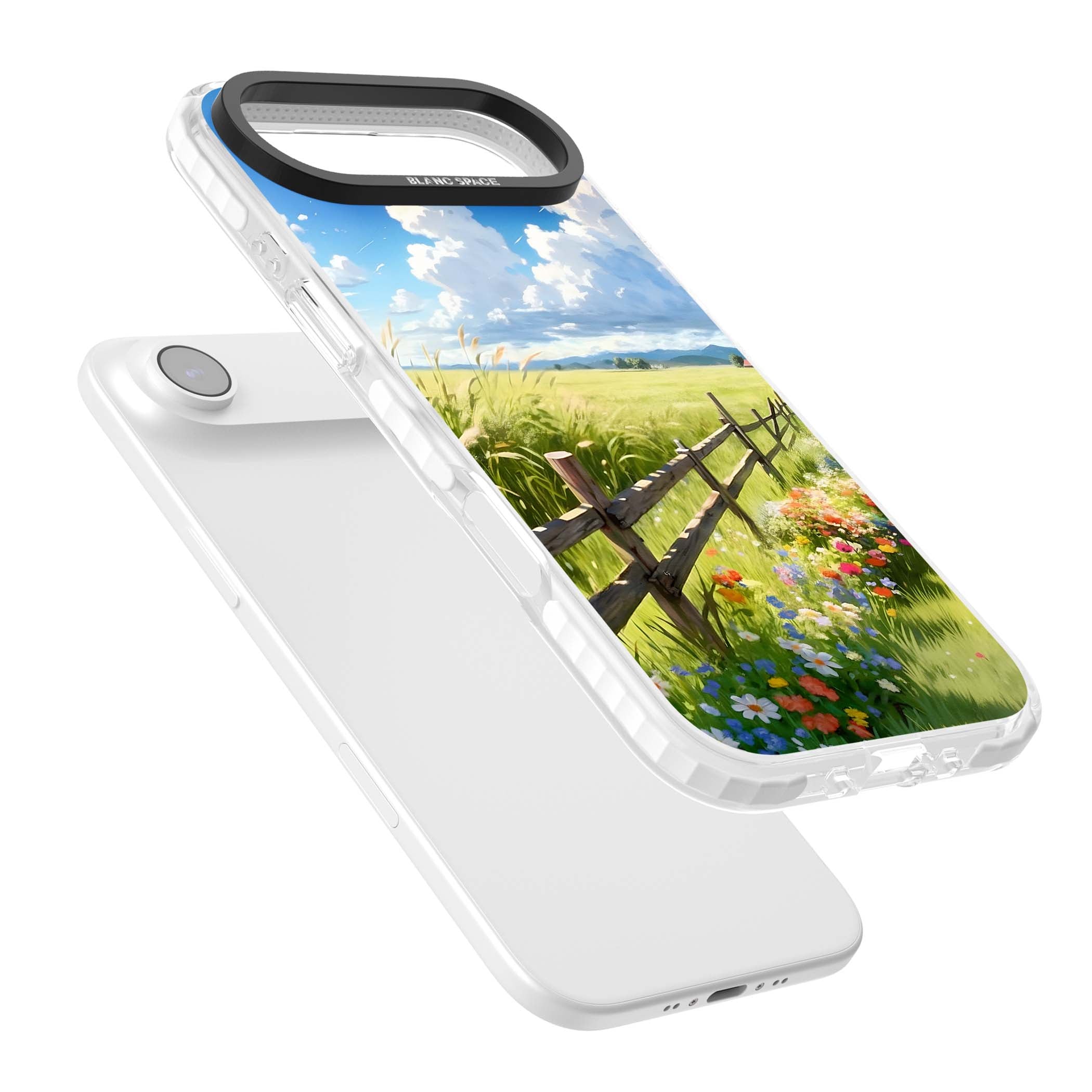 A Countryside Afternoon cottagecore iPhone case featuring a painted countryside meadow, wooden fence, and wildflowers beneath | Black Impact case for iPhone Air