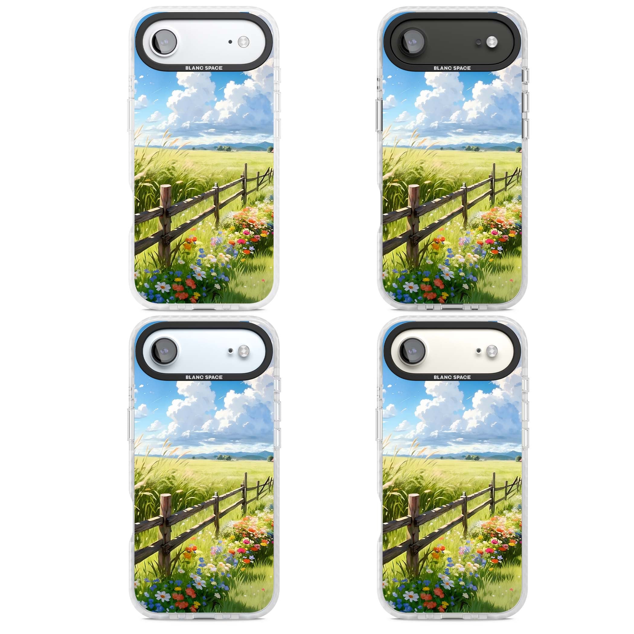 A Countryside Afternoon cottagecore iPhone case featuring a painted countryside meadow, wooden fence, and wildflowers beneath | Black Impact case for iPhone Air