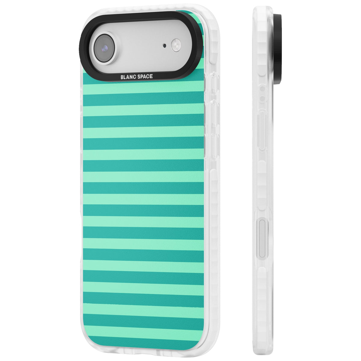 Turquoise Stripe preppy iPhone case featuring horizontal teal and mint green stripes on a black protective frame iPhone Air / iPhone 17 Air Impact Clear Phone Case side