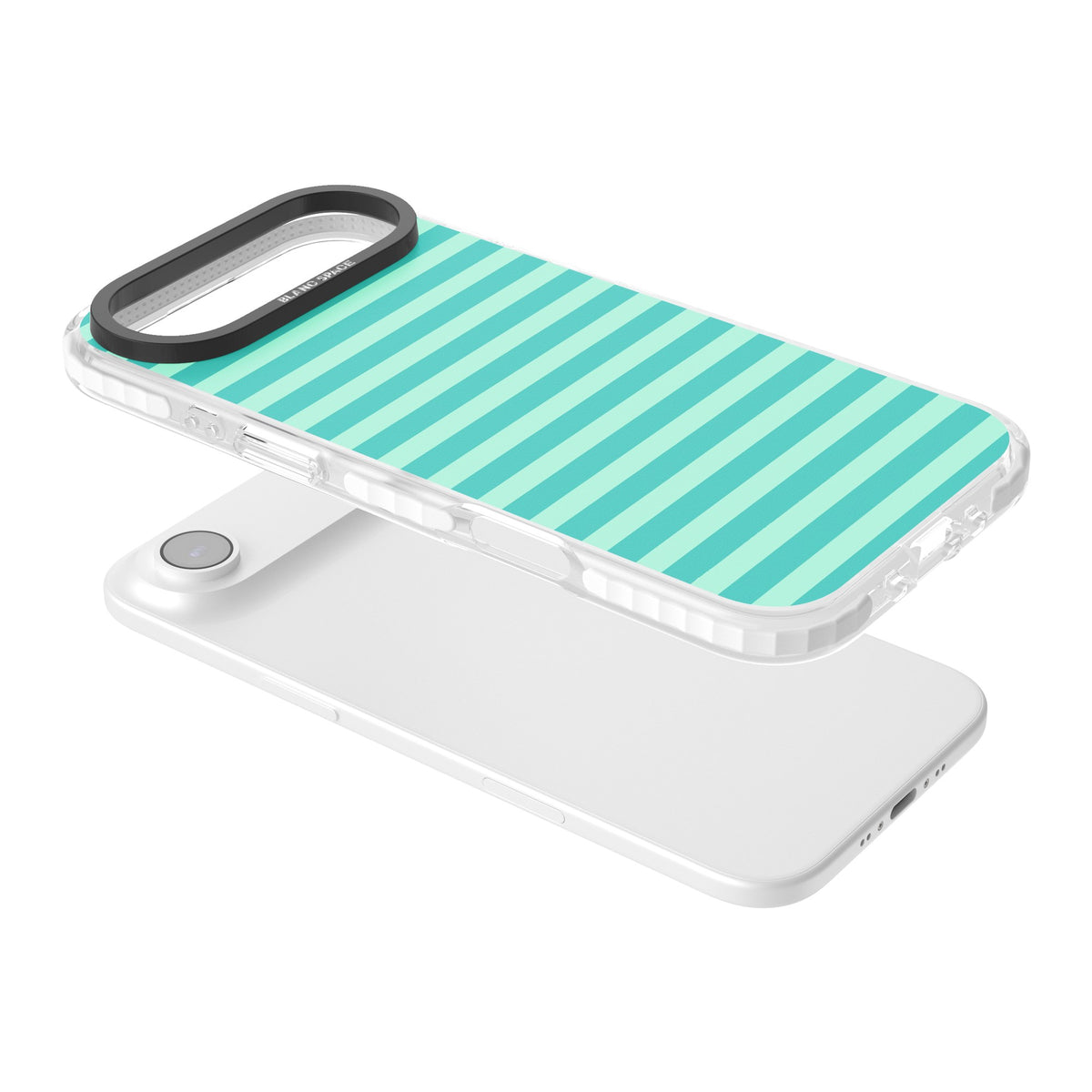 Turquoise Stripe preppy iPhone case featuring horizontal teal and mint green stripes on a black protective frame iPhone Air / iPhone 17 Air Impact Clear Phone Case angled