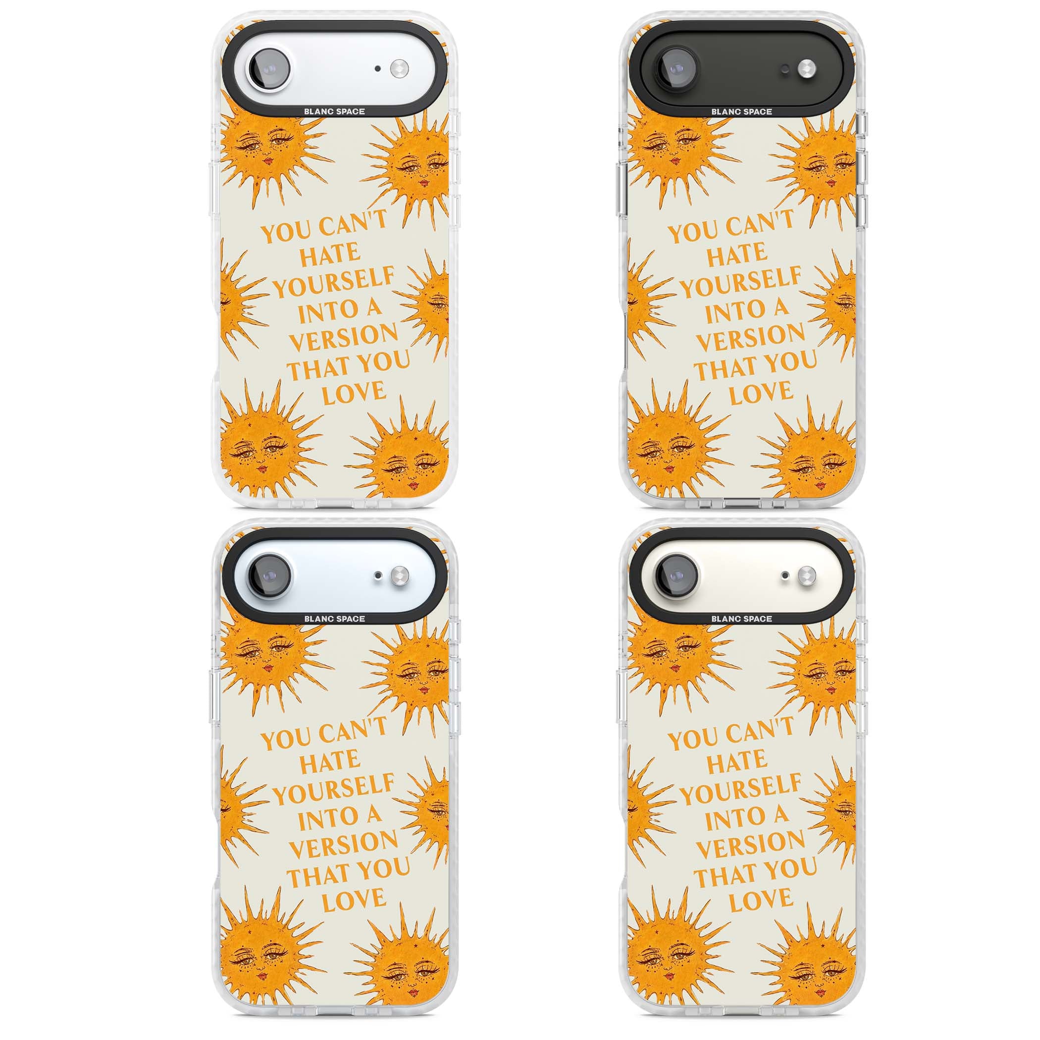Don't Hate Yourself celestial iPhone case featuring vintage sun faces, ochre rays and a self-love quote | Black Impact case for iPhone Air
