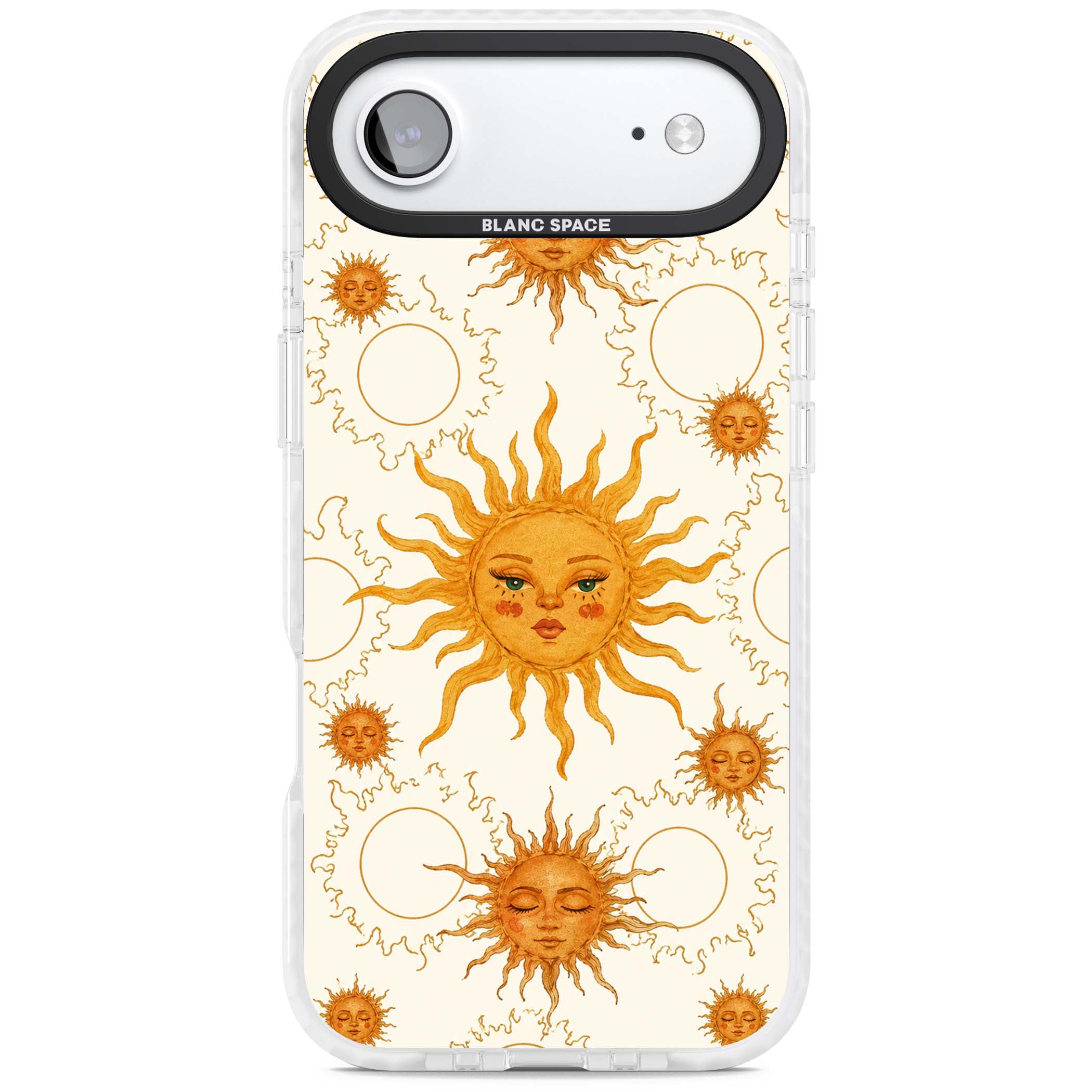Solstice Muse celestial iPhone case featuring hand-painted golden sun faces, closed-eye sun goddesses and outlined moons... | Black Impact case for iPhone Air
