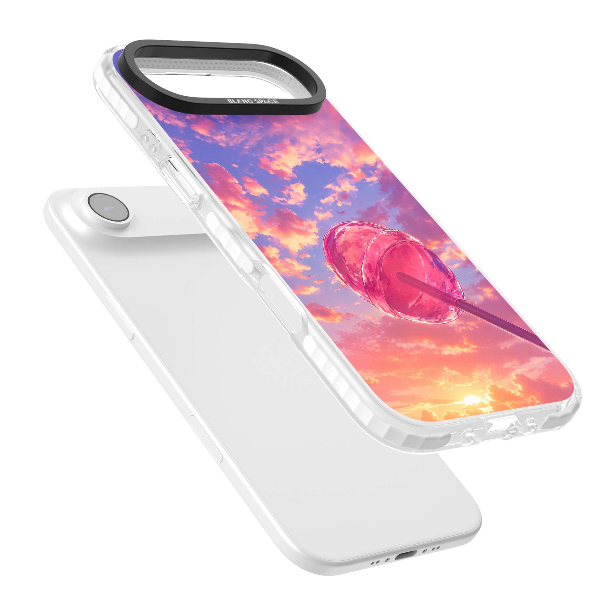 Sugar Sunset candy aesthetic iPhone case featuring a pink lollipop, pastel sunset sky and dreamy clouds | Black Impact case for iPhone Air