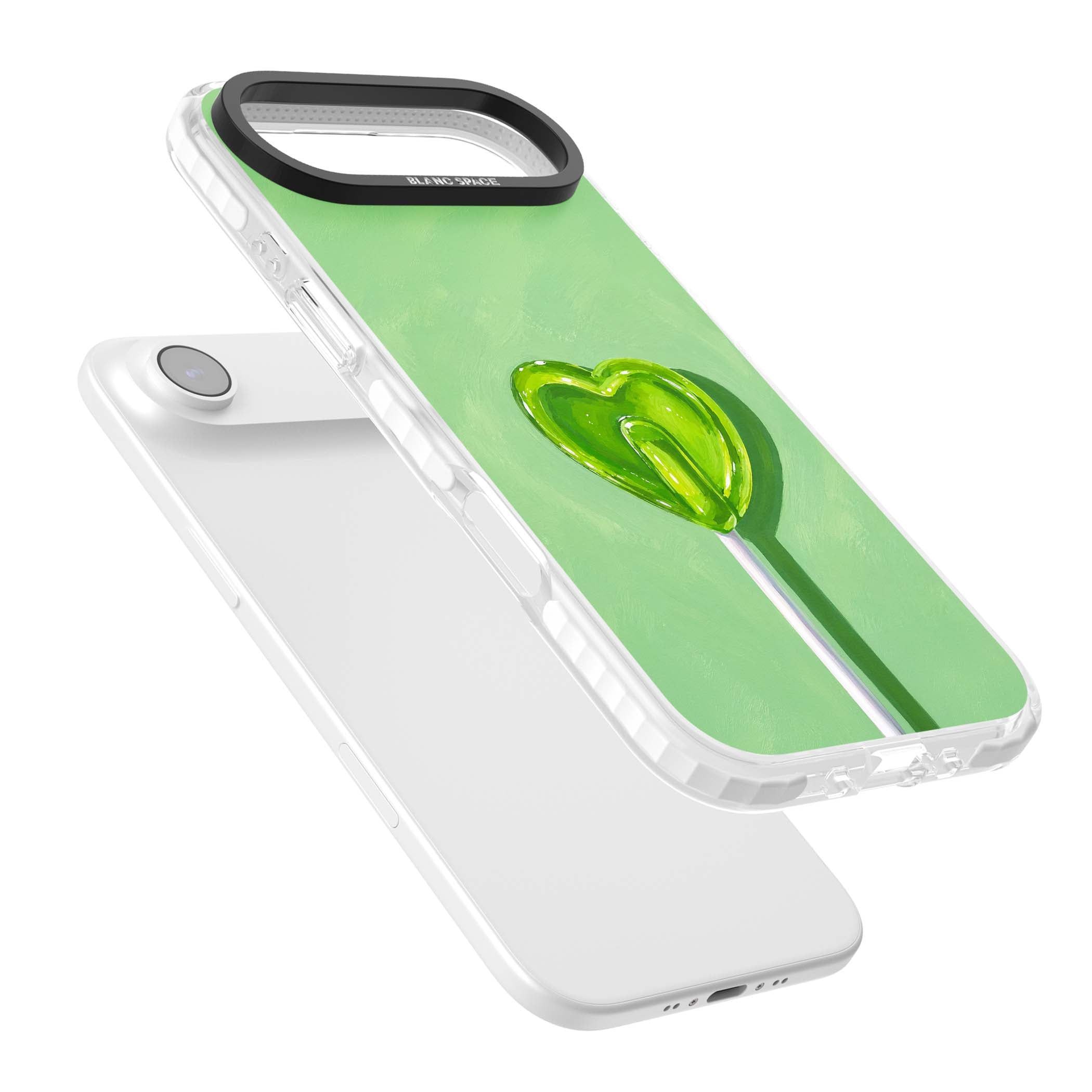 Green Lollipop candy art iPhone case featuring a glossy green heart-shaped lollipop on a painted pastel green background | Black Impact case for iPhone Air