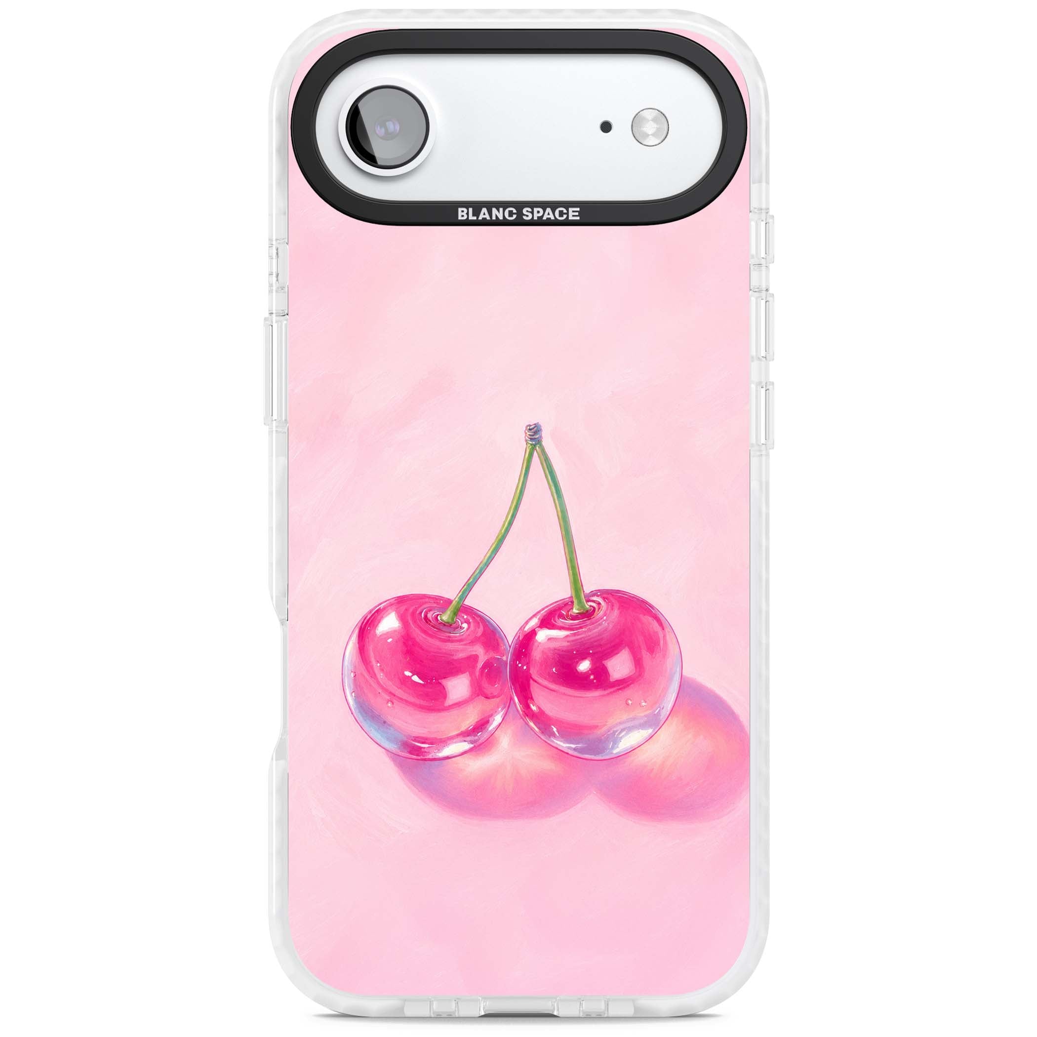 Pink Glass Cherry coquette iPhone case featuring two glossy painted cherries on a soft pink background | Black Impact case for iPhone Air