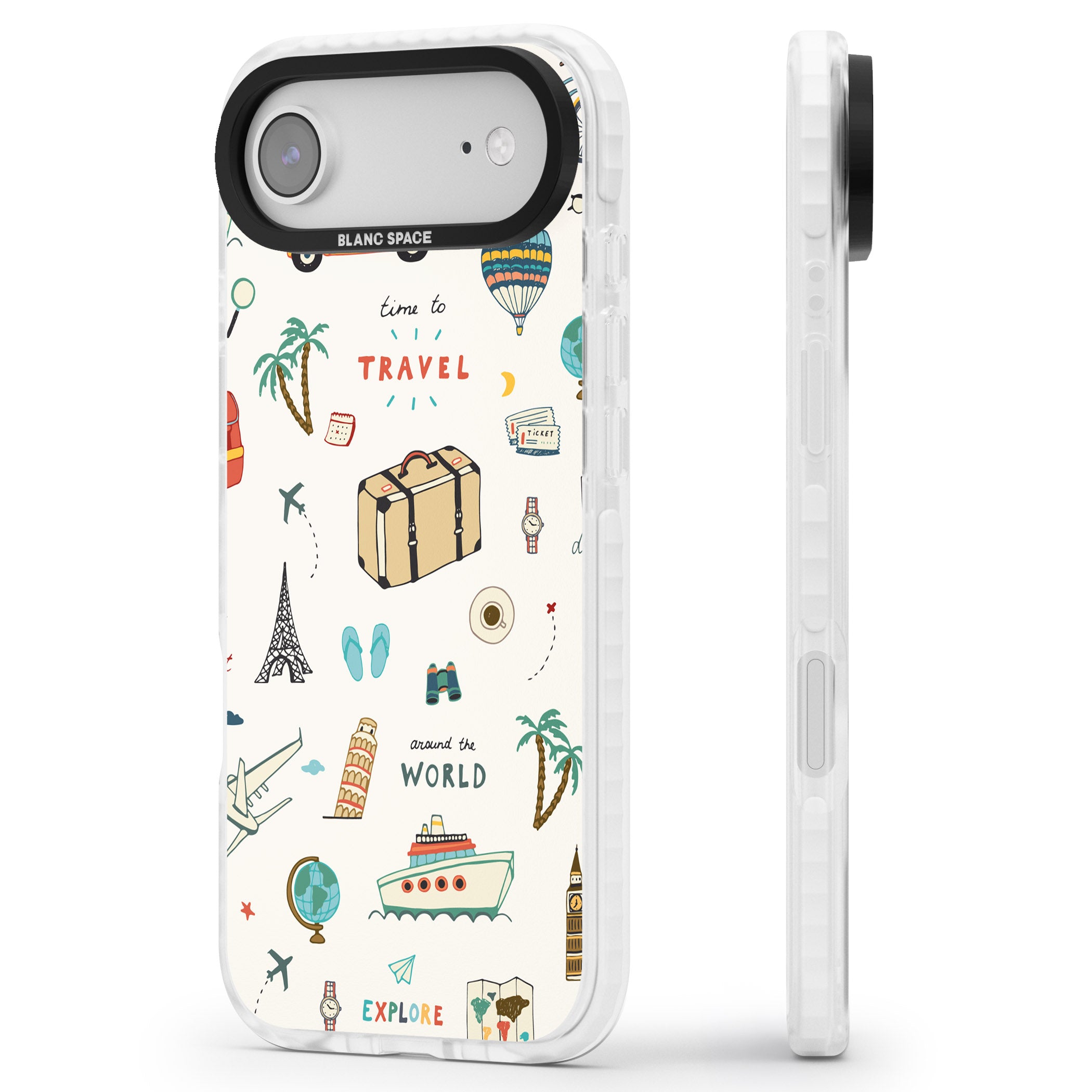 Cute Travel Pattern Cream iPhone 17 Air Impact Clear Phone Case Side Profile