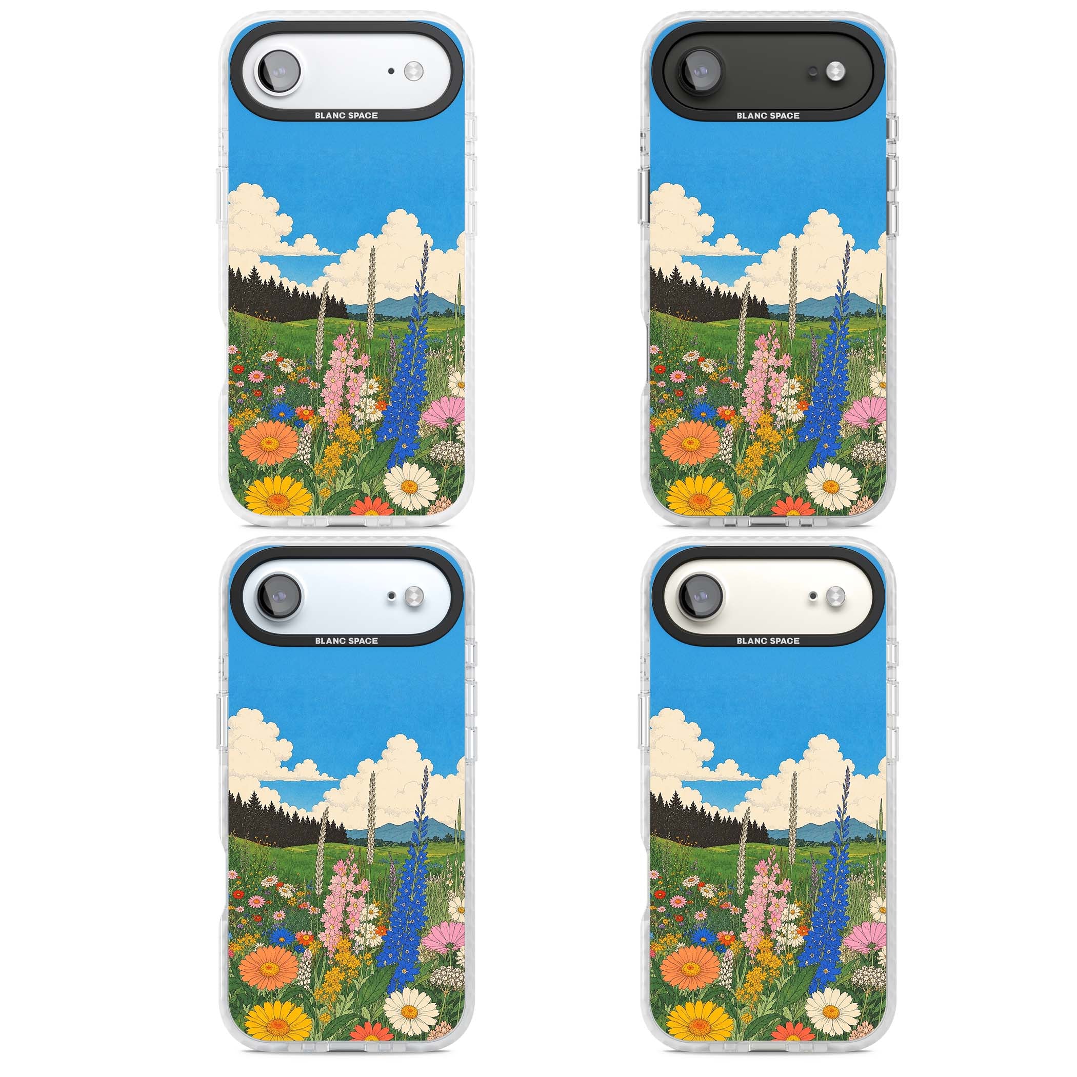 Wildbloom wildflower iPhone case featuring a vintage Japanese-style meadow landscape with daisies, delphiniums and moun | Black Impact case for iPhone Air