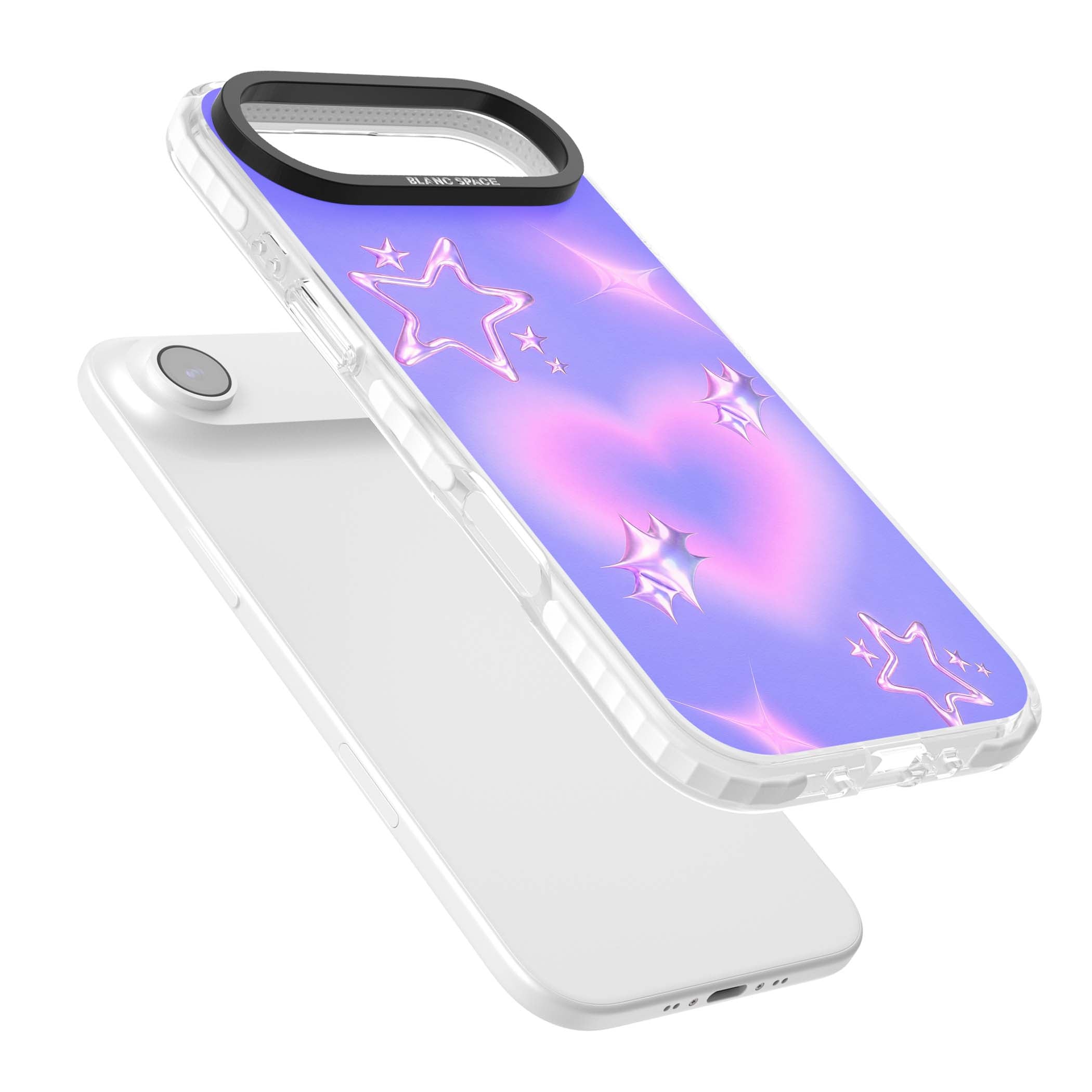 Soft Sugar Y2K iPhone case featuring iridescent chrome hearts, metallic pink stars and a lavender gradient sky | Black Impact case for iPhone Air