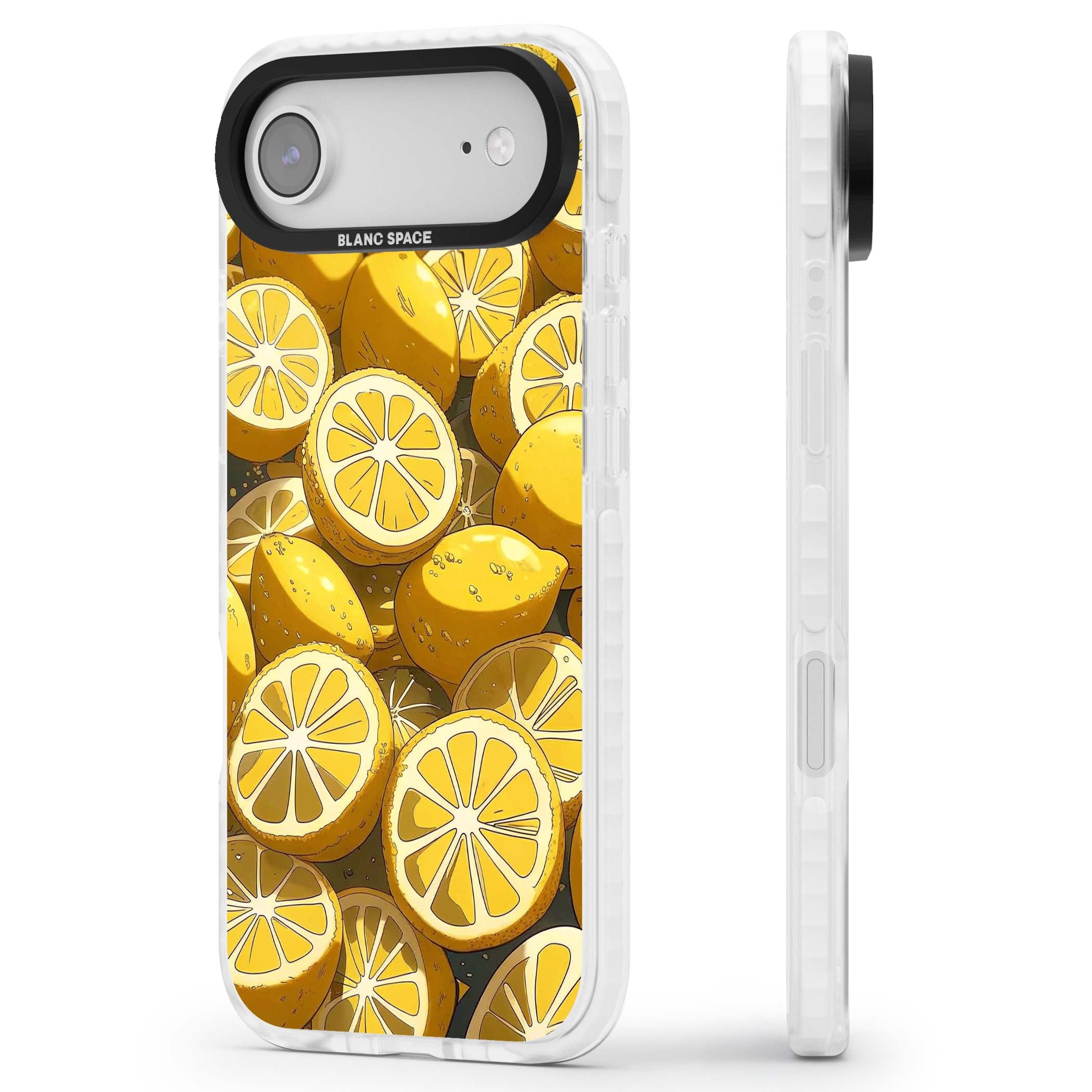 Zesty coastal iPhone case featuring illustrated Mediterranean lemons and citrus slices in golden yellow | Black Impact case for iPhone Air