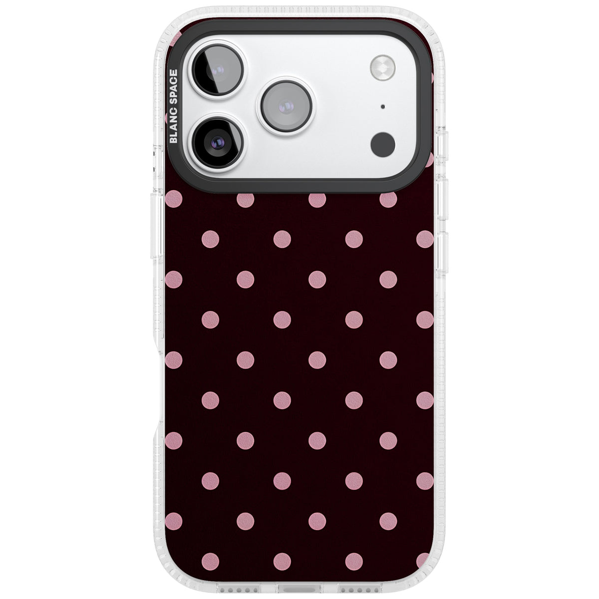 Merlot Dots polka dot iPhone case featuring dusty pink spots on a deep burgundy background in a retro grid iPhone 17 Pro Impact Air Phone Case front