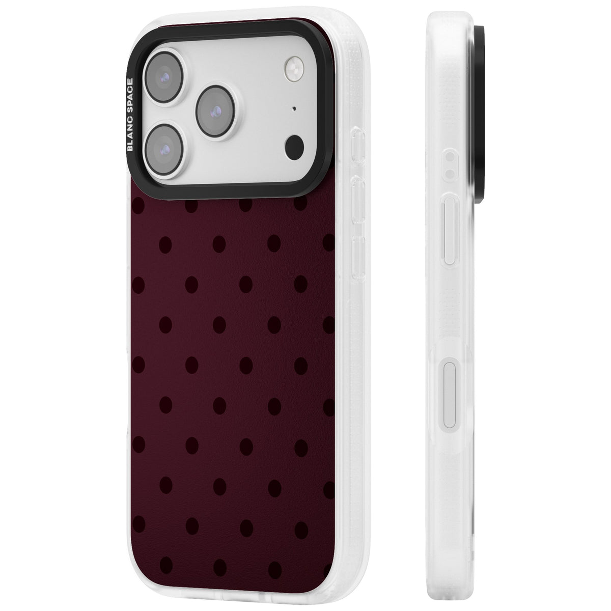 Burgundy Polka Dot minimalist iPhone case featuring black polka dots on a deep burgundy wine red background iPhone 17 Pro Impact Air Phone Case side
