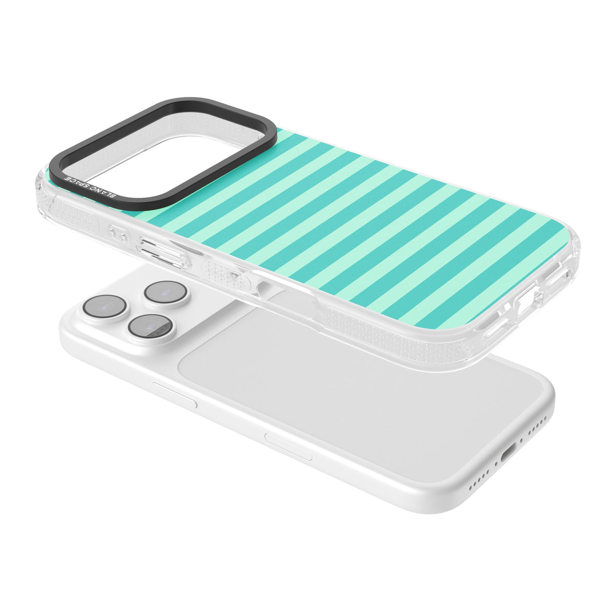 Turquoise Stripe preppy iPhone case featuring horizontal teal and mint green stripes on a black protective frame iPhone 17 Pro Impact Air Phone Case angled