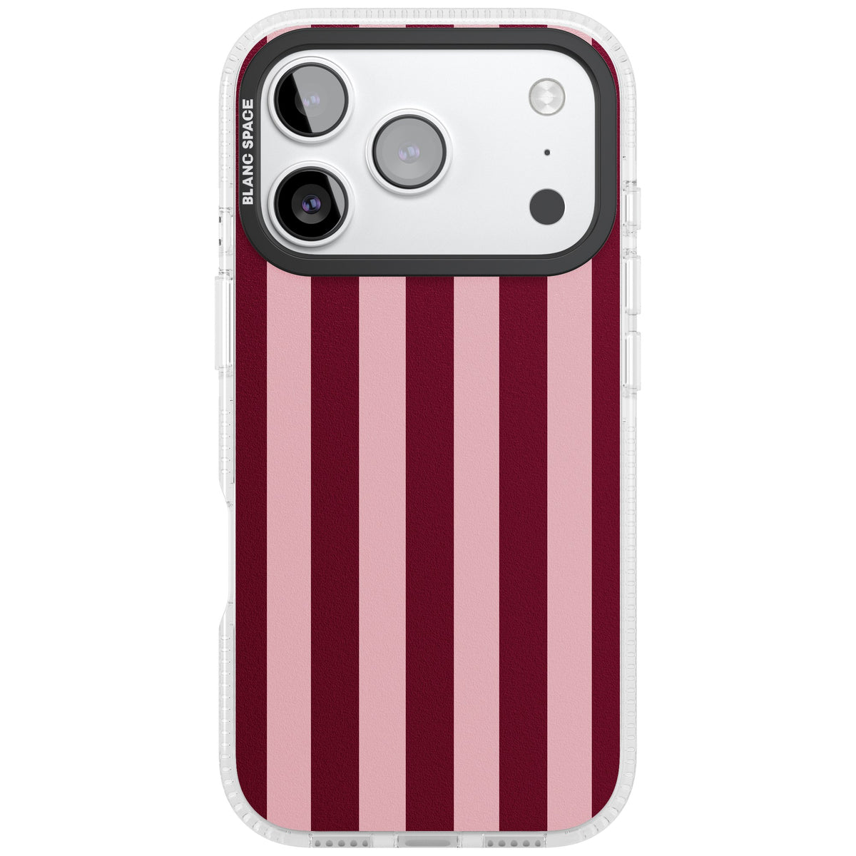 Bordeaux Belle preppy iPhone case featuring bold vertical stripes in burgundy and soft blush pink iPhone 17 Pro Impact Air Phone Case front