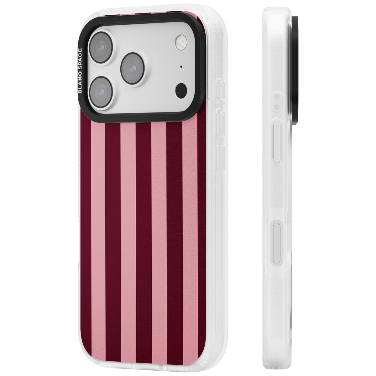 Bordeaux Belle preppy iPhone case featuring bold vertical stripes in burgundy and soft blush pink iPhone 17 Pro Impact Air Phone Case side