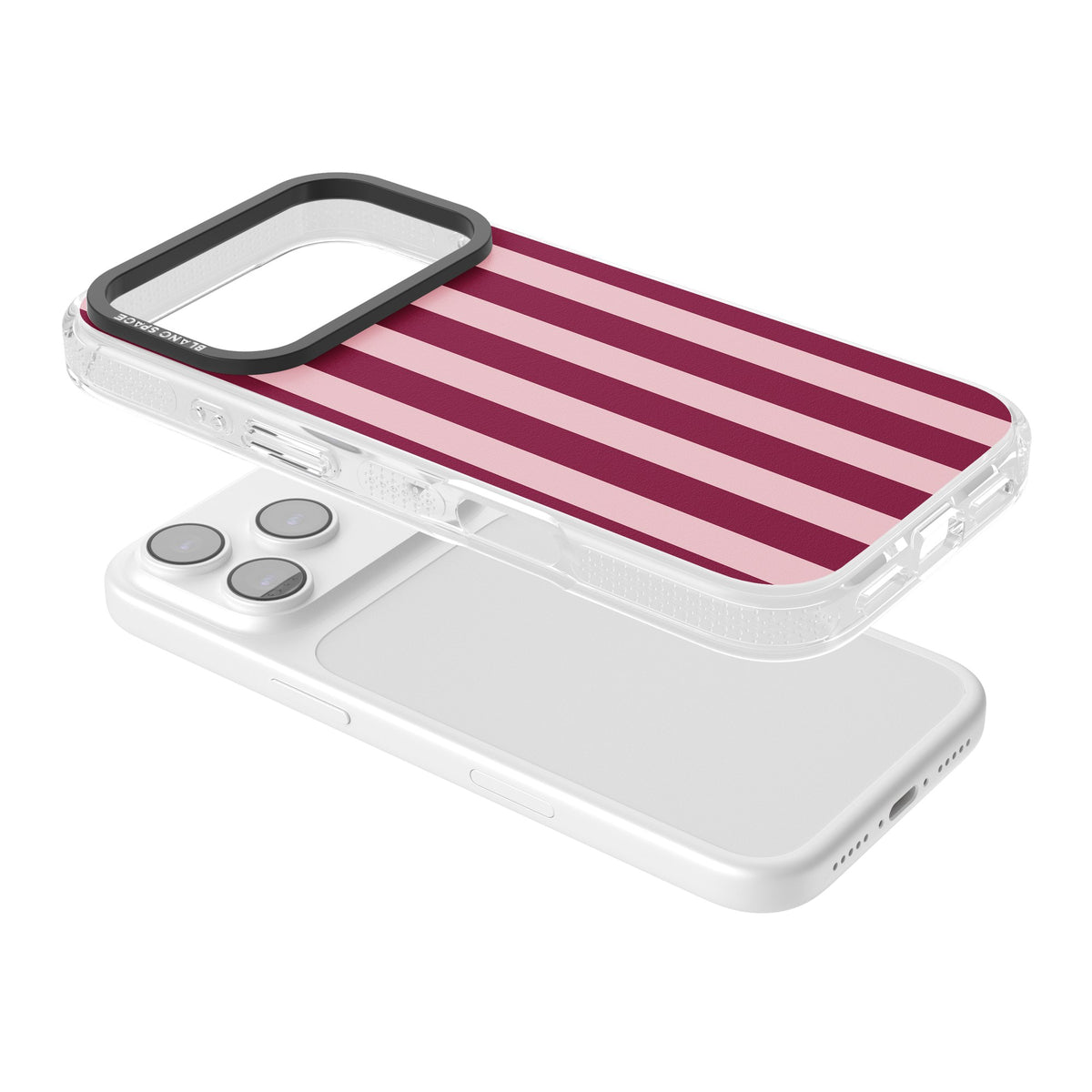 Bordeaux Belle preppy iPhone case featuring bold vertical stripes in burgundy and soft blush pink iPhone 17 Pro Impact Air Phone Case angled