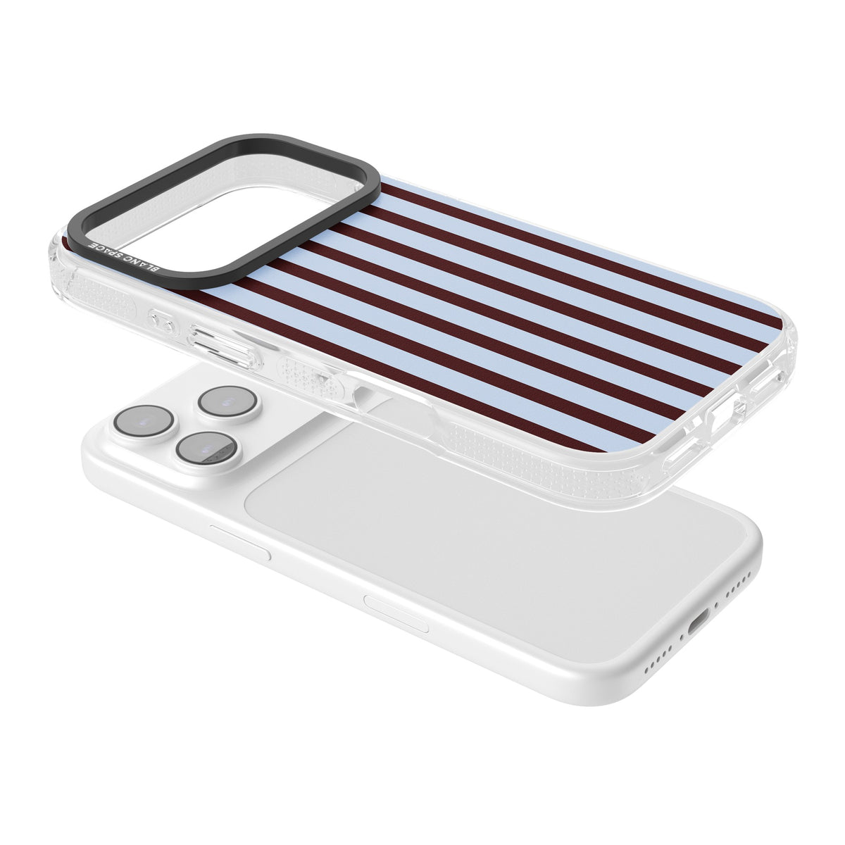Blackcurrant Stripe preppy iPhone case featuring vertical burgundy and light blue stripes in a classic pinstripe layout iPhone 17 Pro Impact Air Phone Case angled