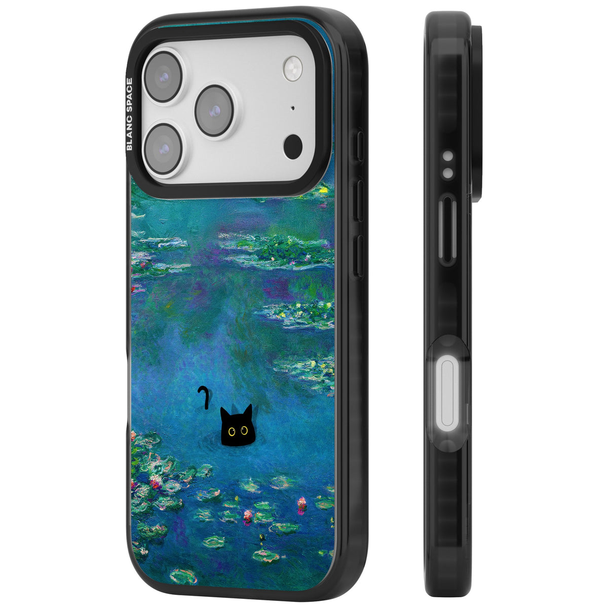 Cat in Monet's Water Lillies iPhone 17 Pro Impact Black Phone Case side