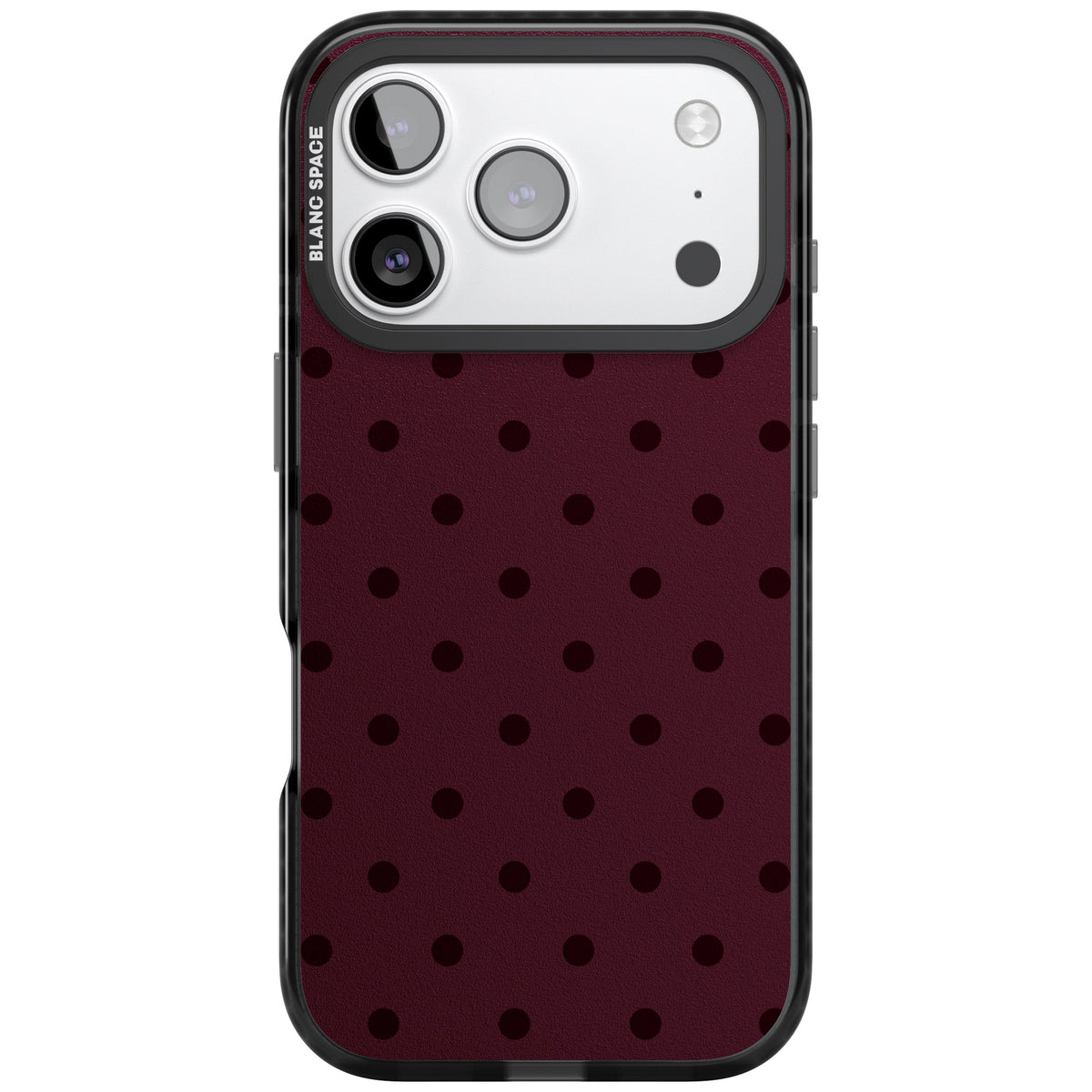 Burgundy Polka Dot minimalist iPhone case featuring black polka dots on a deep burgundy wine red background iPhone 17 Pro Impact Pro Black Phone Case front