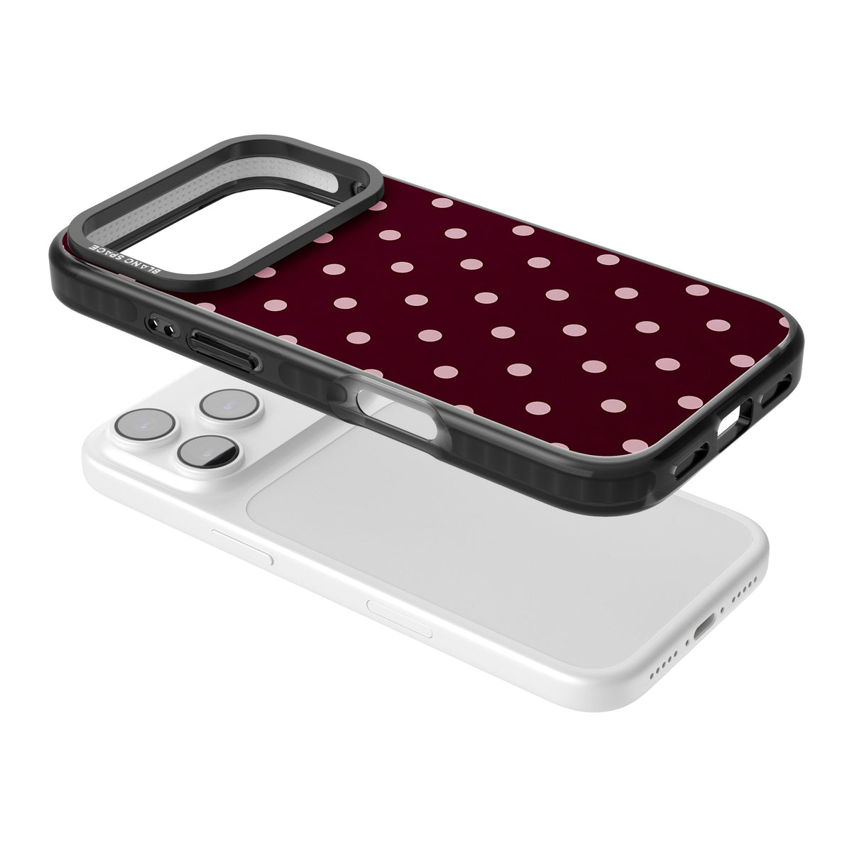 Merlot Dots polka dot iPhone case featuring dusty pink spots on a deep burgundy background in a retro grid iPhone 17 Pro Impact Black Phone Case angled