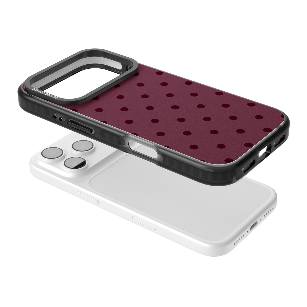 Burgundy Polka Dot minimalist iPhone case featuring black polka dots on a deep burgundy wine red background iPhone 17 Pro Impact Black Phone Case angled