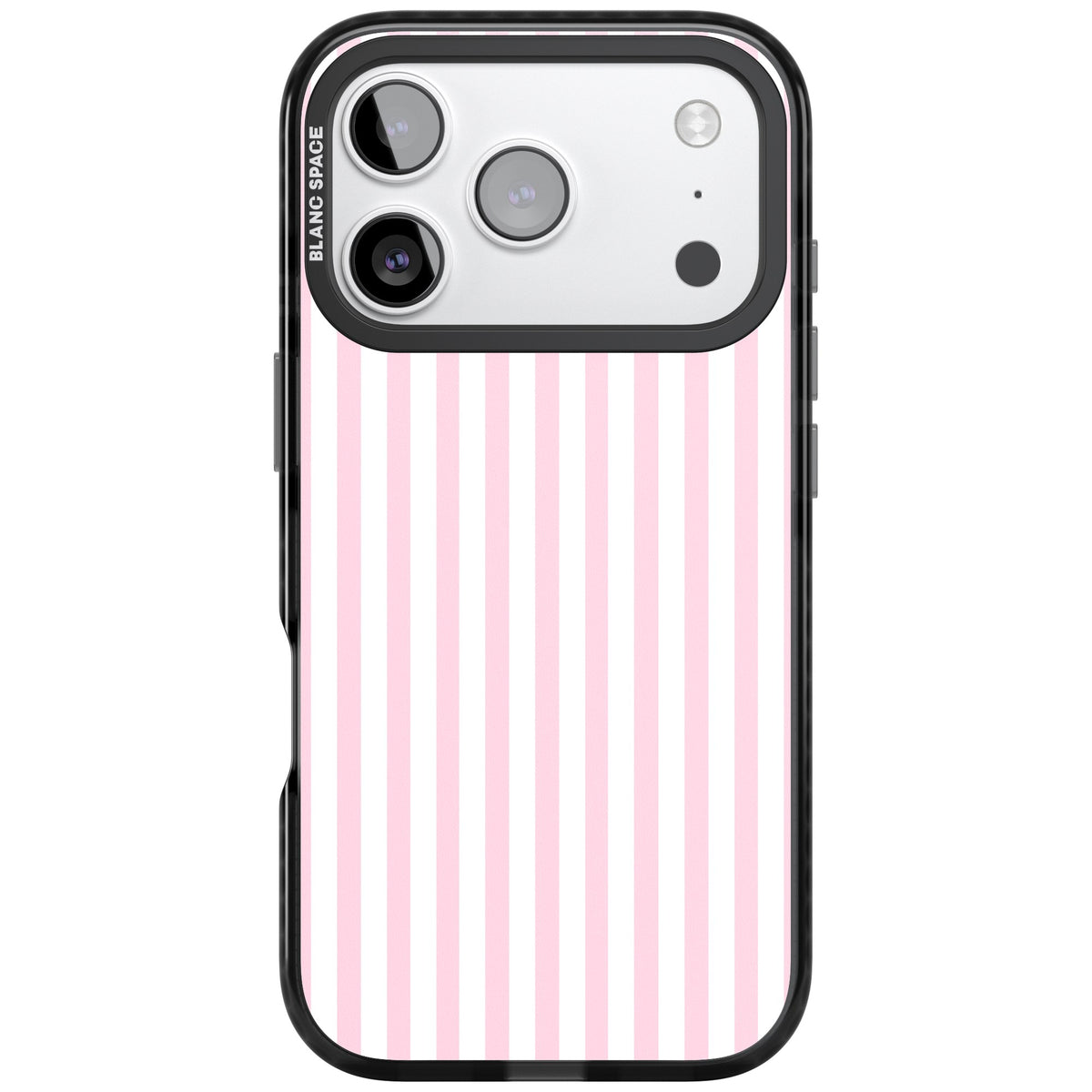 Pink Stripe preppy iPhone case featuring soft pastel pink and white vertical candy stripes iPhone 17 Pro Impact Black Phone Case front