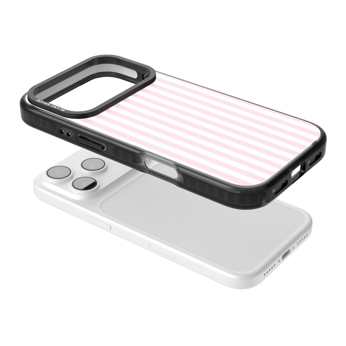 Pink Stripe preppy iPhone case featuring soft pastel pink and white vertical candy stripes iPhone 17 Pro Impact Black Phone Case angled