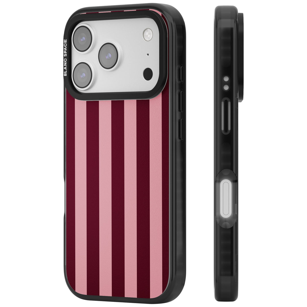 Bordeaux Belle preppy iPhone case featuring bold vertical stripes in burgundy and soft blush pink iPhone 17 Pro Impact Black Phone Case side