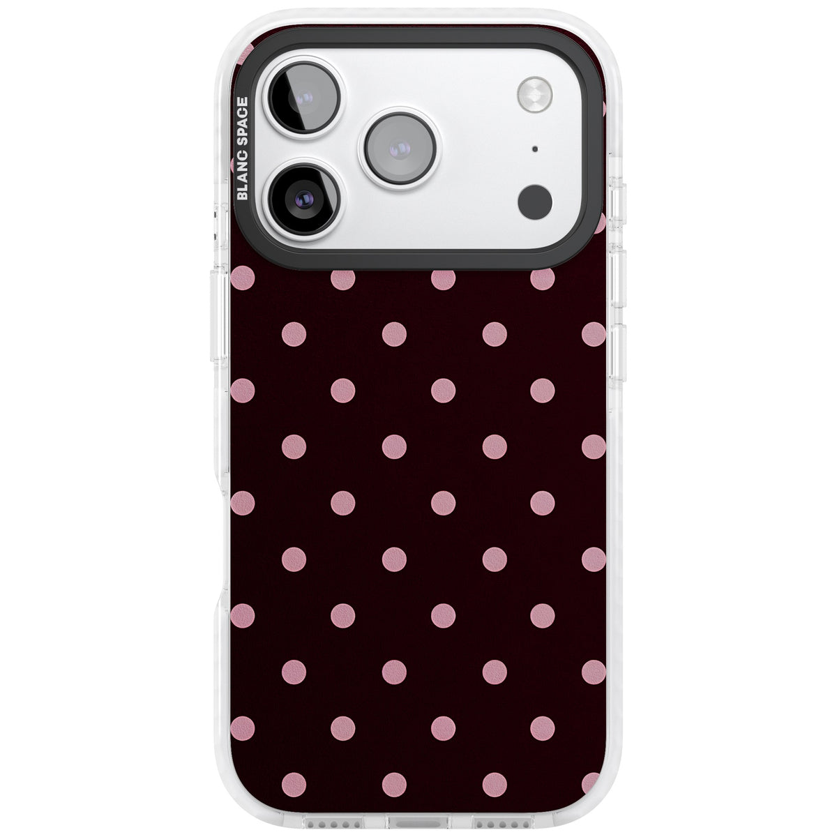 Merlot Dots polka dot iPhone case featuring dusty pink spots on a deep burgundy background in a retro grid iPhone 17 Pro Impact Pro Clear Phone Case front