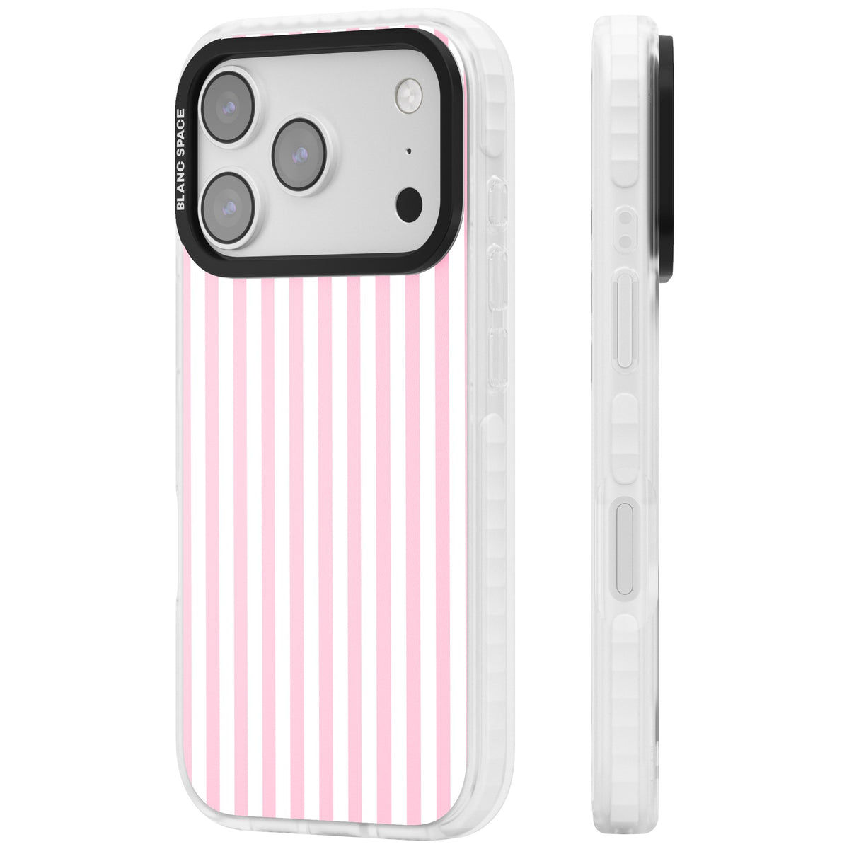 Pink Stripe preppy iPhone case featuring soft pastel pink and white vertical candy stripes iPhone 17 Pro Impact Pro Clear Phone Case side