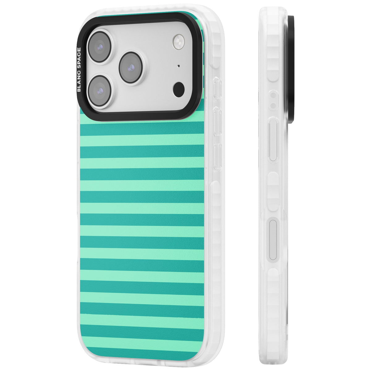 Turquoise Stripe preppy iPhone case featuring horizontal teal and mint green stripes on a black protective frame iPhone 17 Pro Impact Pro Clear Phone Case side