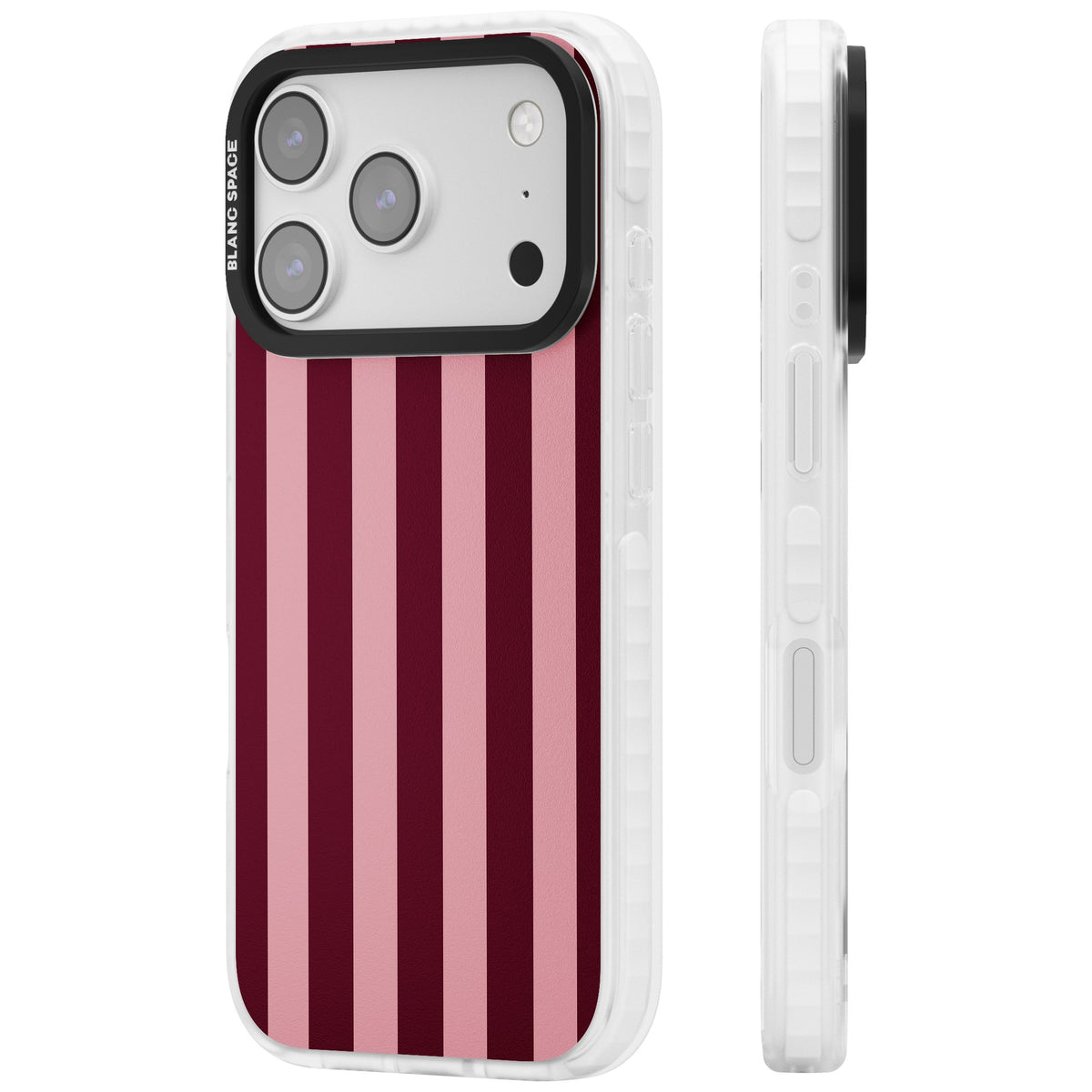 Bordeaux Belle preppy iPhone case featuring bold vertical stripes in burgundy and soft blush pink iPhone 17 Pro Impact Pro Clear Phone Case side