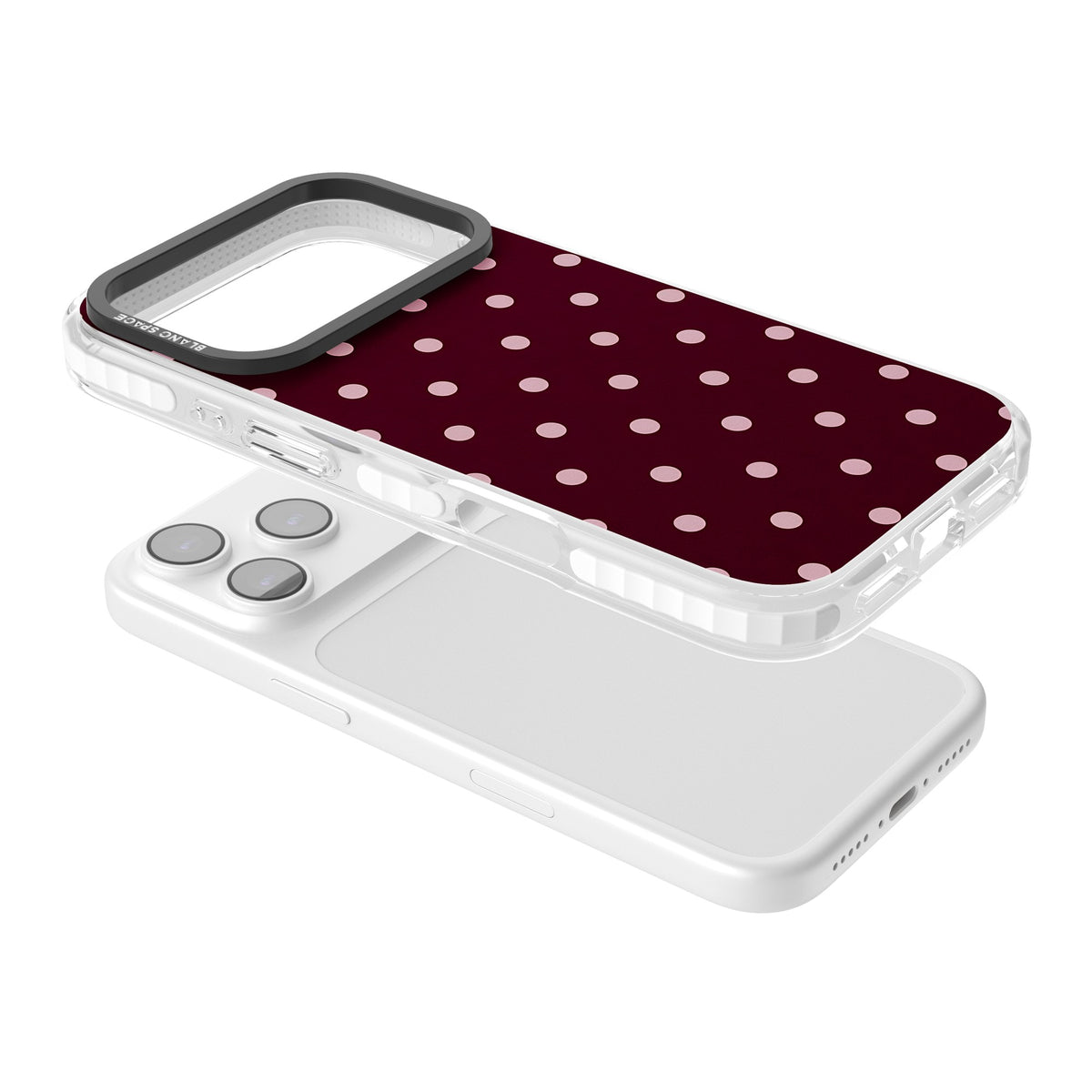 Merlot Dots polka dot iPhone case featuring dusty pink spots on a deep burgundy background in a retro grid iPhone 17 Pro Impact Clear Phone Case angled