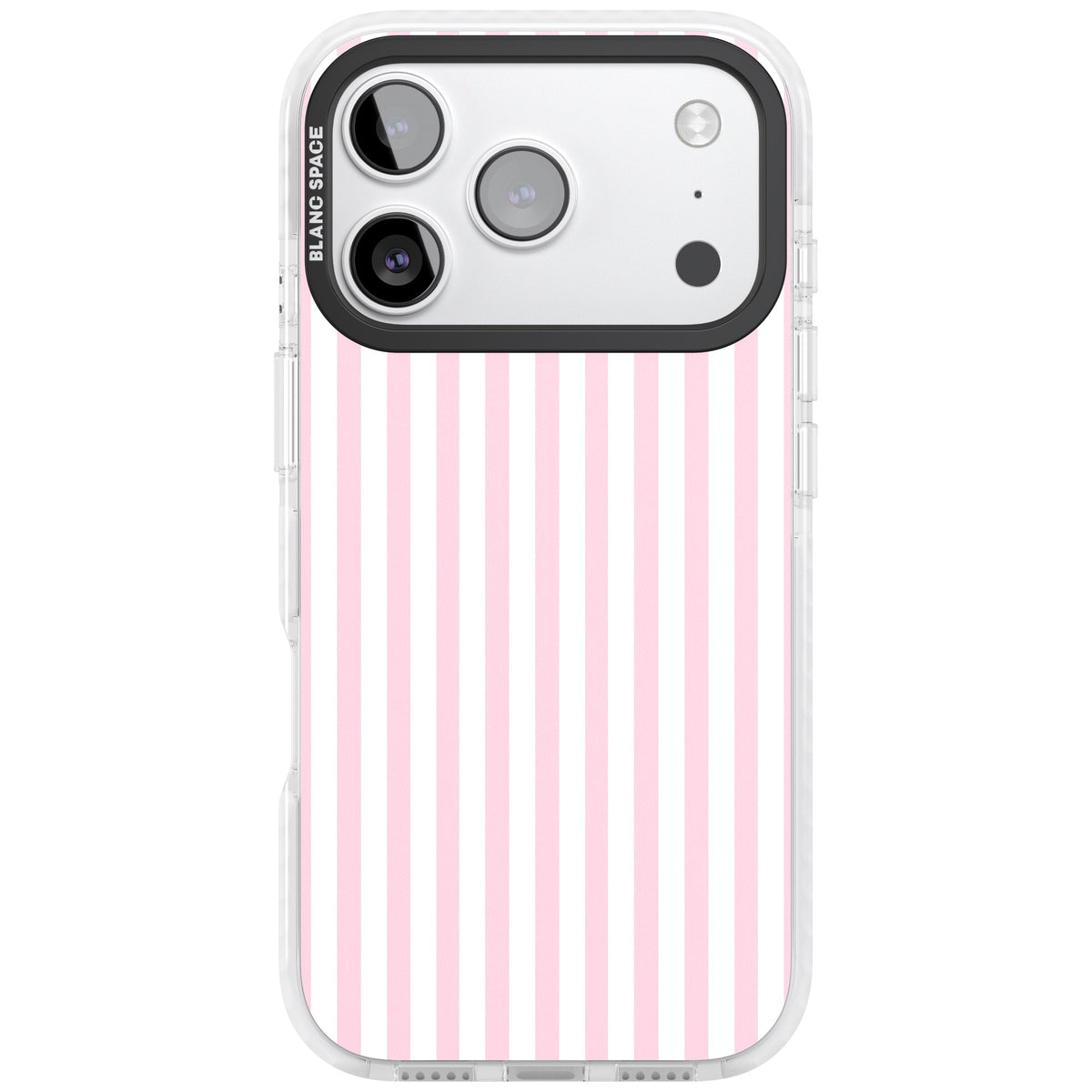 Pink Stripe preppy iPhone case featuring soft pastel pink and white vertical candy stripes iPhone 17 Pro Impact Clear Phone Case front