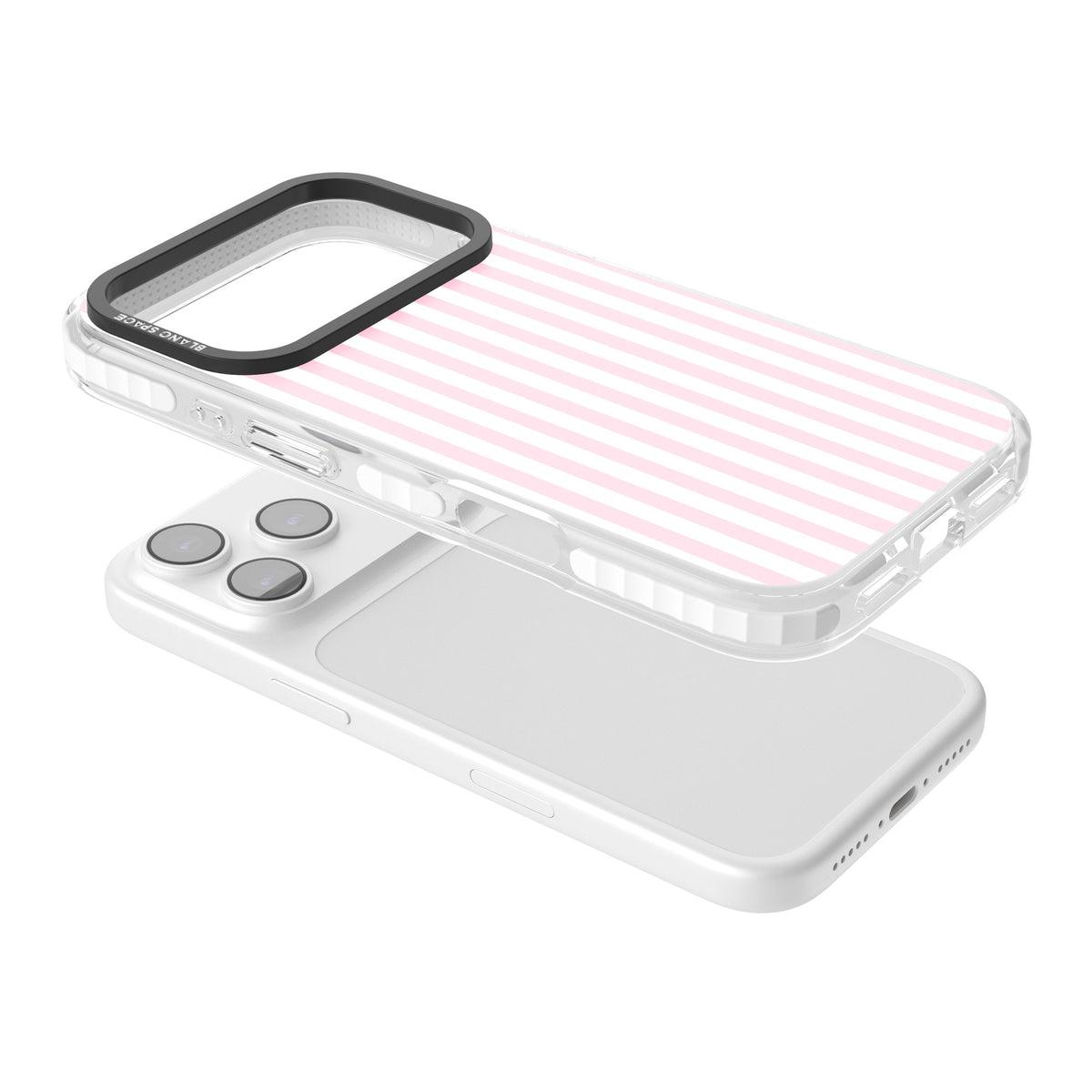 Pink Stripe preppy iPhone case featuring soft pastel pink and white vertical candy stripes iPhone 17 Pro Impact Clear Phone Case angled