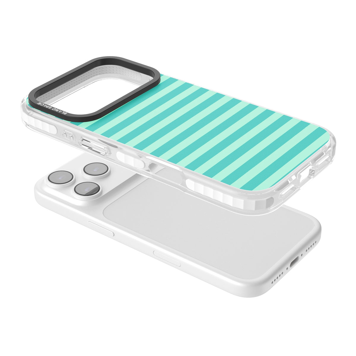 Turquoise Stripe preppy iPhone case featuring horizontal teal and mint green stripes on a black protective frame iPhone 17 Pro Impact Clear Phone Case angled