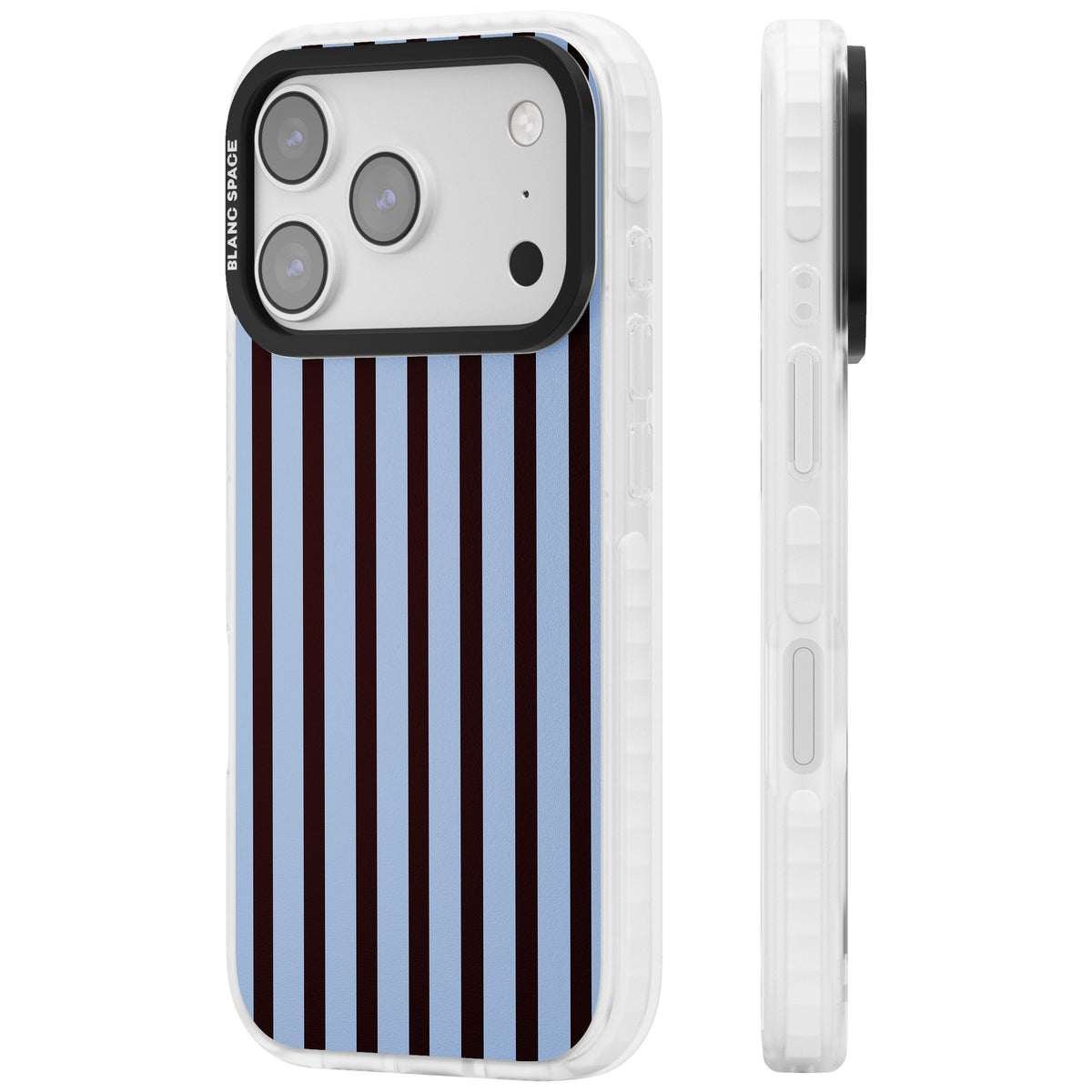 Blackcurrant Stripe preppy iPhone case featuring vertical burgundy and light blue stripes in a classic pinstripe layout iPhone 17 Pro Impact Clear Phone Case side