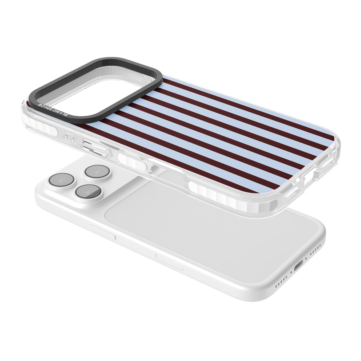 Blackcurrant Stripe preppy iPhone case featuring vertical burgundy and light blue stripes in a classic pinstripe layout iPhone 17 Pro Impact Clear Phone Case angled