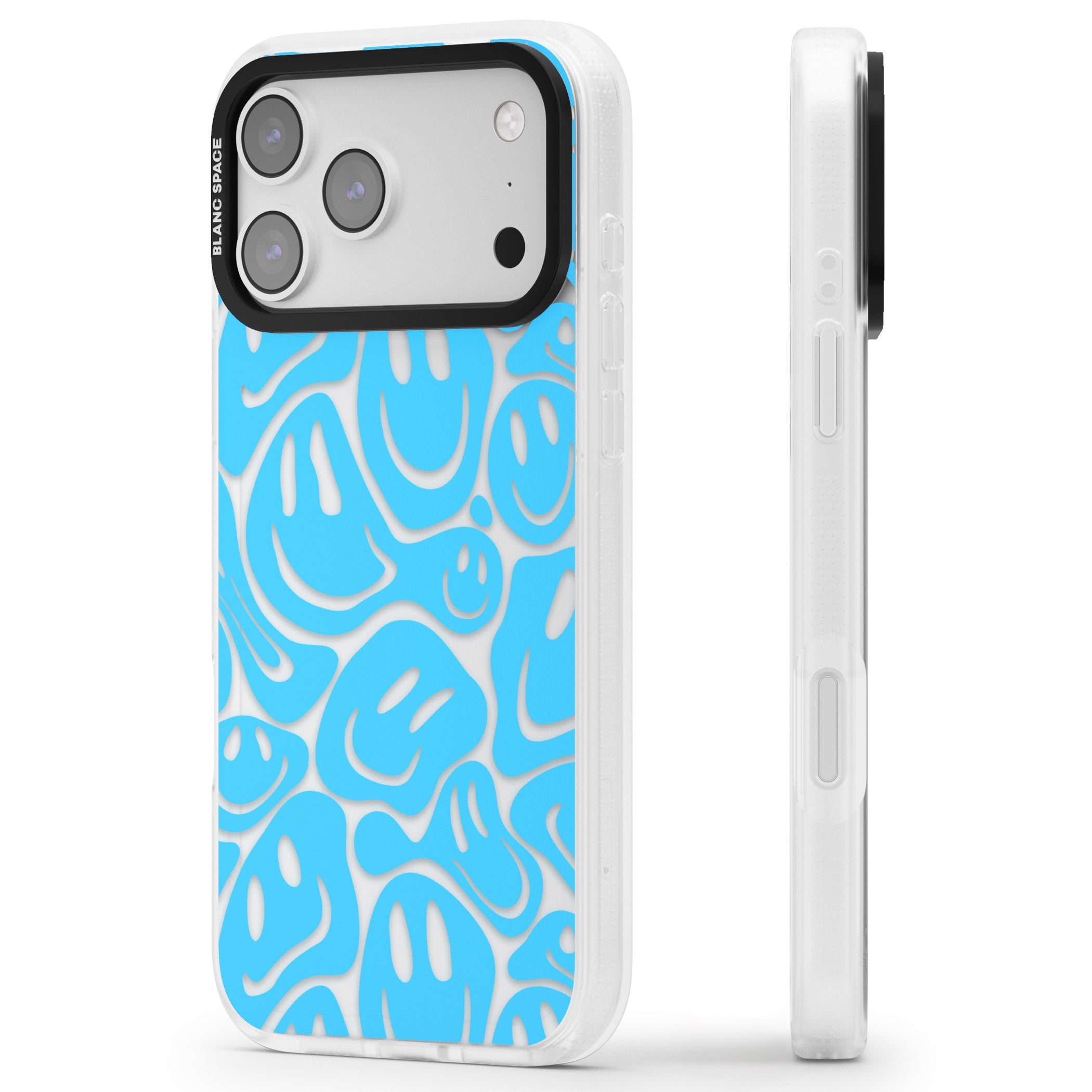 Blue Acid Faces iPhone 17 Pro Impact Air Clear Phone Case Side Profile