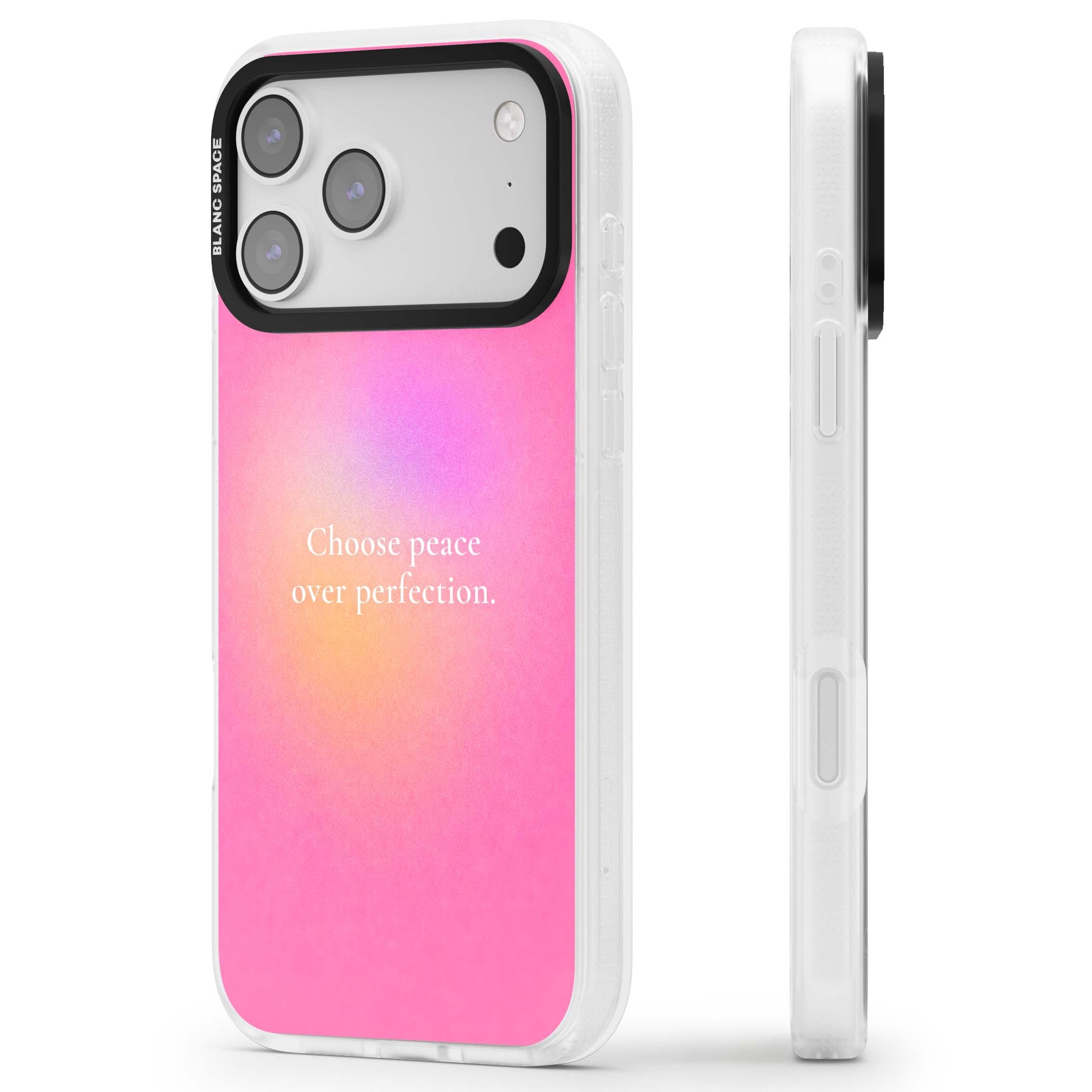 Peace Over Perfection quote iPhone case featuring a dreamy pink aura gradient and delicate white affirmation text | Clear Case Impact Air case for iPhone 17 Pro, iPhone 17 Pro Max